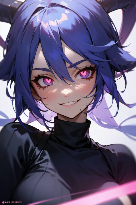 1girl, mature, looking forward, upper body, close up, wearing a turtleneck, pink eyes, glowing eyes, tied up navy blue hair, wide smile, very wide smile, evil, crazy smile,