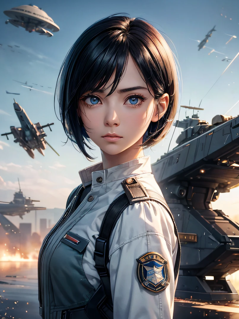 top-quality、超A high resolution、a science fiction film、adult  woman, 25 years old、Dark blue eyes、Black bob short-haired、Air Force uniform、serious faces、Sharp eyes、Realistic face resolution、realisitic、Resolving Objects、The background is the battlefield、Spacecraft in the sky、Bullets fly around、Dynamic action