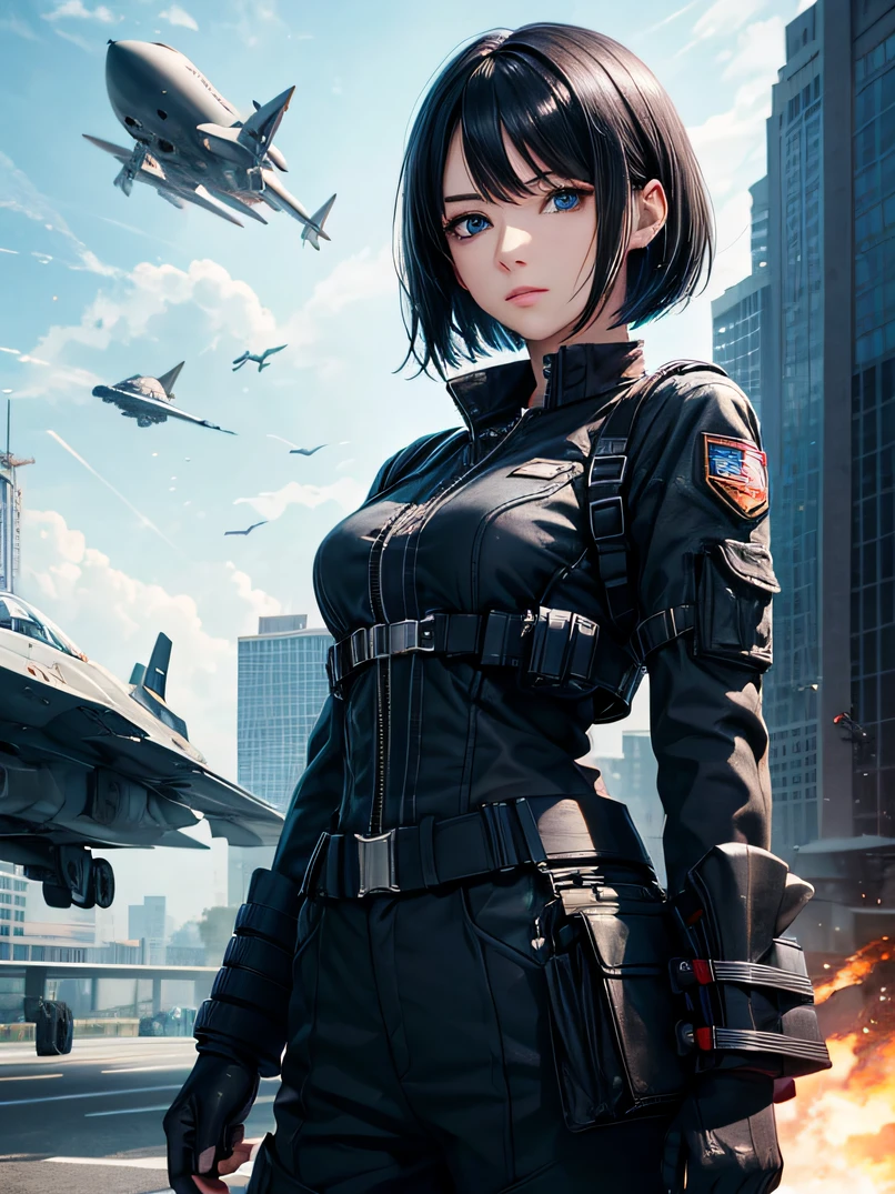 top-quality、超A high resolution、a science fiction film、adult  woman, 25 years old、Dark blue eyes、Black bob short-haired、Air Force uniform、long trousers、Black Gloves、serious faces、Sharp eyes、Realistic face resolution、realisitic、Resolving Objects、The background is the battlefield、Spacecraft in the sky、Bullets fly around、Dynamic action