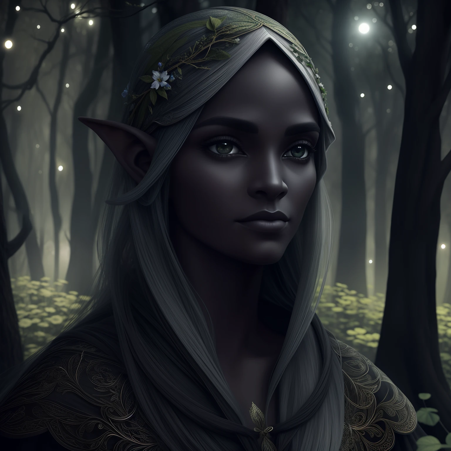 Cute dark elf, Face pretty, Body cute, blackquality hair, wearing black armor, black cable, at a forest, at night, 8k, extremely detaild, ultra realistic