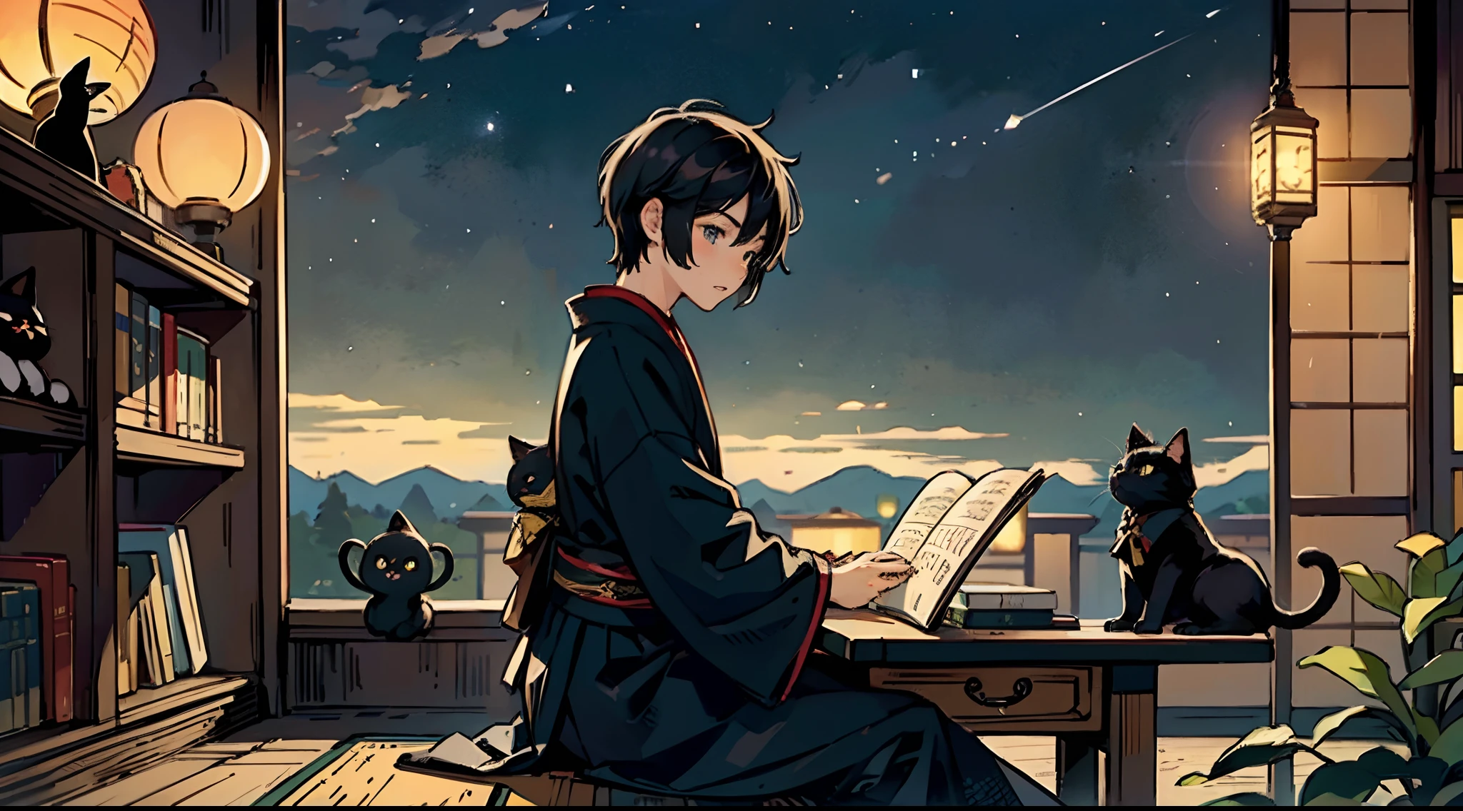 #Quality (intricate-detail、ultra-detailliert:1.2,cinematic shot),
#night landscape (dark color sky),
#one writing boy (16 male、writer,Honor Students、A dark-haired、short-hair、hakama,sit flat),
#room (only one candle,books on desk,pretty tatami,a lot of books,bookshelf,black cat)
