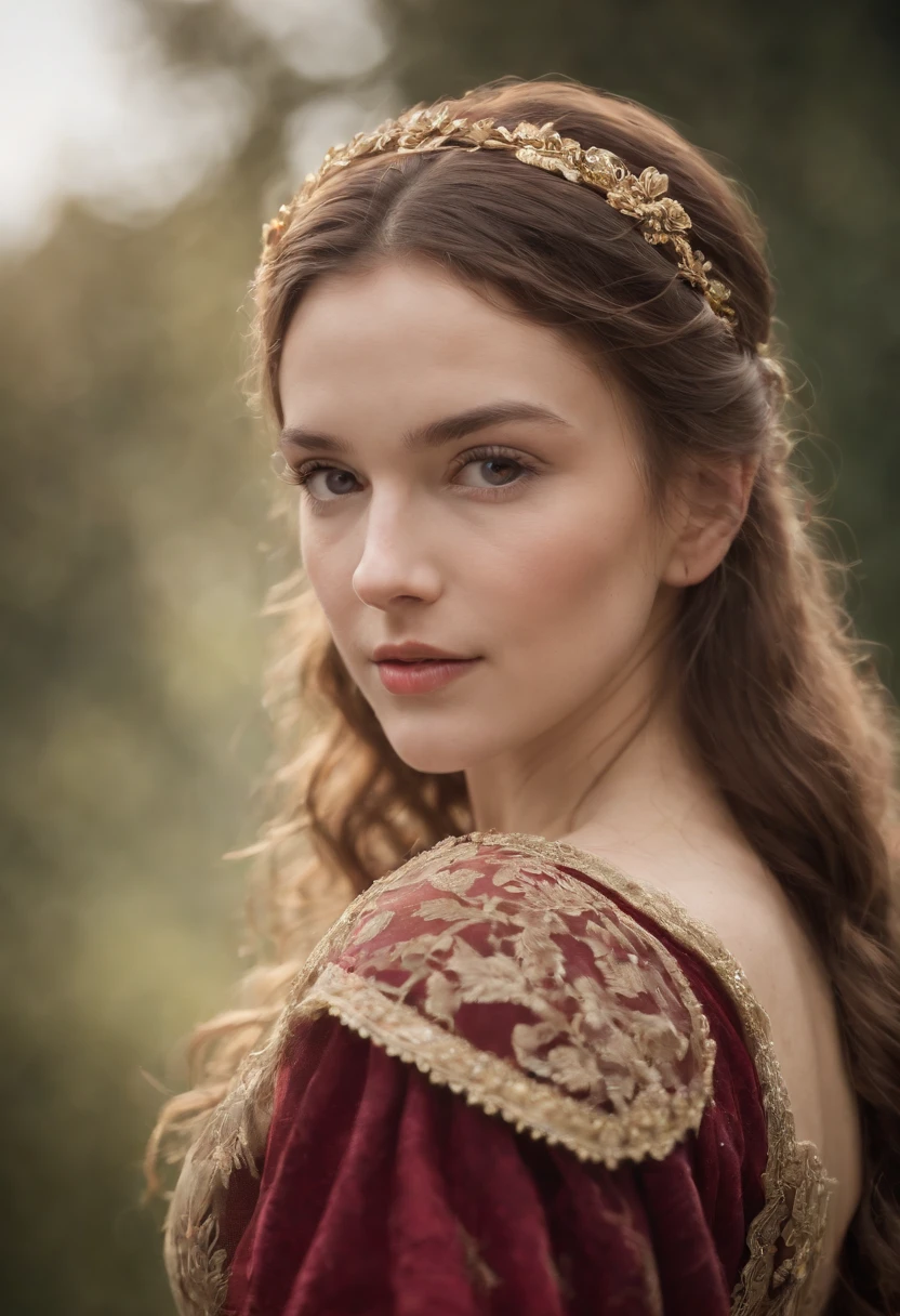 Cinematic portrait, ((upper body)), facing the audience, (Reality :1.3), the world's most beautiful artwork photo, a woman looking into the camera, European medieval court dress, gorgeous, soft gauze, detailed beautiful face, action shooting, (intricate :1.4), medieval court background, Photo realistic, CG, art station