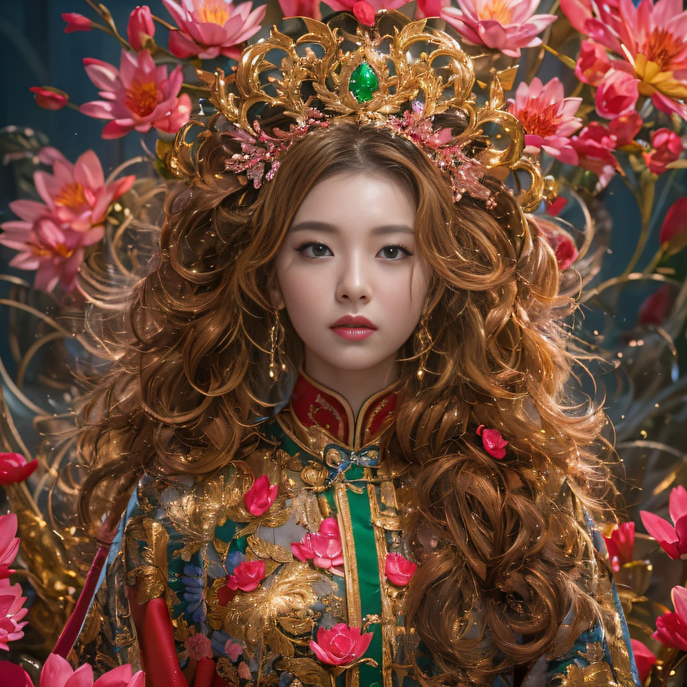 32K（tmasterpiece，k hd，hyper HD，32K）curlies，Flowing rouge，ponds，zydink， a color，  Liaoning people （Silly girl）， （Silk scarf）， Combat posture， looking at the ground，  Flowing rouge curls，Green emerald headdress， Chinese long-sleeved pink gold garment， （abstract ink splash：1.2）， Pink lotus background，Water lily flower protector（realisticlying：1.4），Rouge hair，Autumn is in full swing，The background is pure， A high resolution， the detail， RAW photogr， Sharp Re， Nikon D850 Film Stock Photo by Jefferies Lee 4 Kodak Portra 400 Camera F1.6 shots, Rich colors, ultra-realistic vivid textures, Dramatic lighting, Unreal Engine Art Station Trend, cinestir 800，Large curls，Flowing rouge