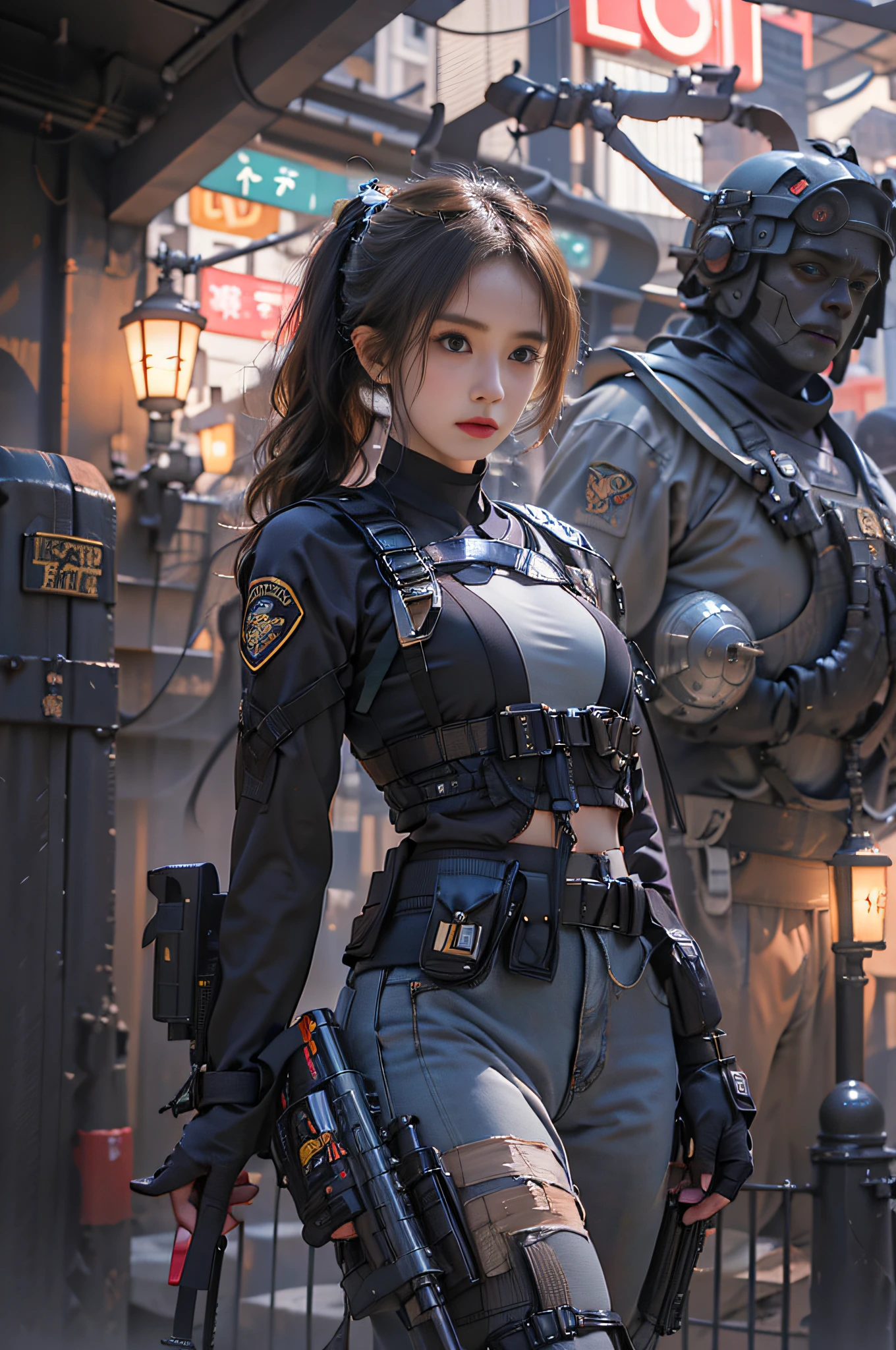 brunette color hair,(pony tails),largeeyes,full bodyesbian,Japan beauties,Korean Idol,45 yers old,(small tits),flatchest,top-quality,Masterpiece,8K,Cowboy shot,1 woman, Elegant beauty, Radiant skin, Detailed facial expressions, (Style dynamic:0.8),Heavy weapons girl ,swat,Female nun,Emergency Service Units,Wear a tactical vest,Wear a full-body suit,Summon spell arrays, midriff,Hyper-realistic details, Glowing magical energy, Japan,toyko,Night scene,Tokyo Tower,Metropolitan Police Department,Anti-monster squad,stand posture,determined expression, Armor details, Detailed background,Powerful aura,