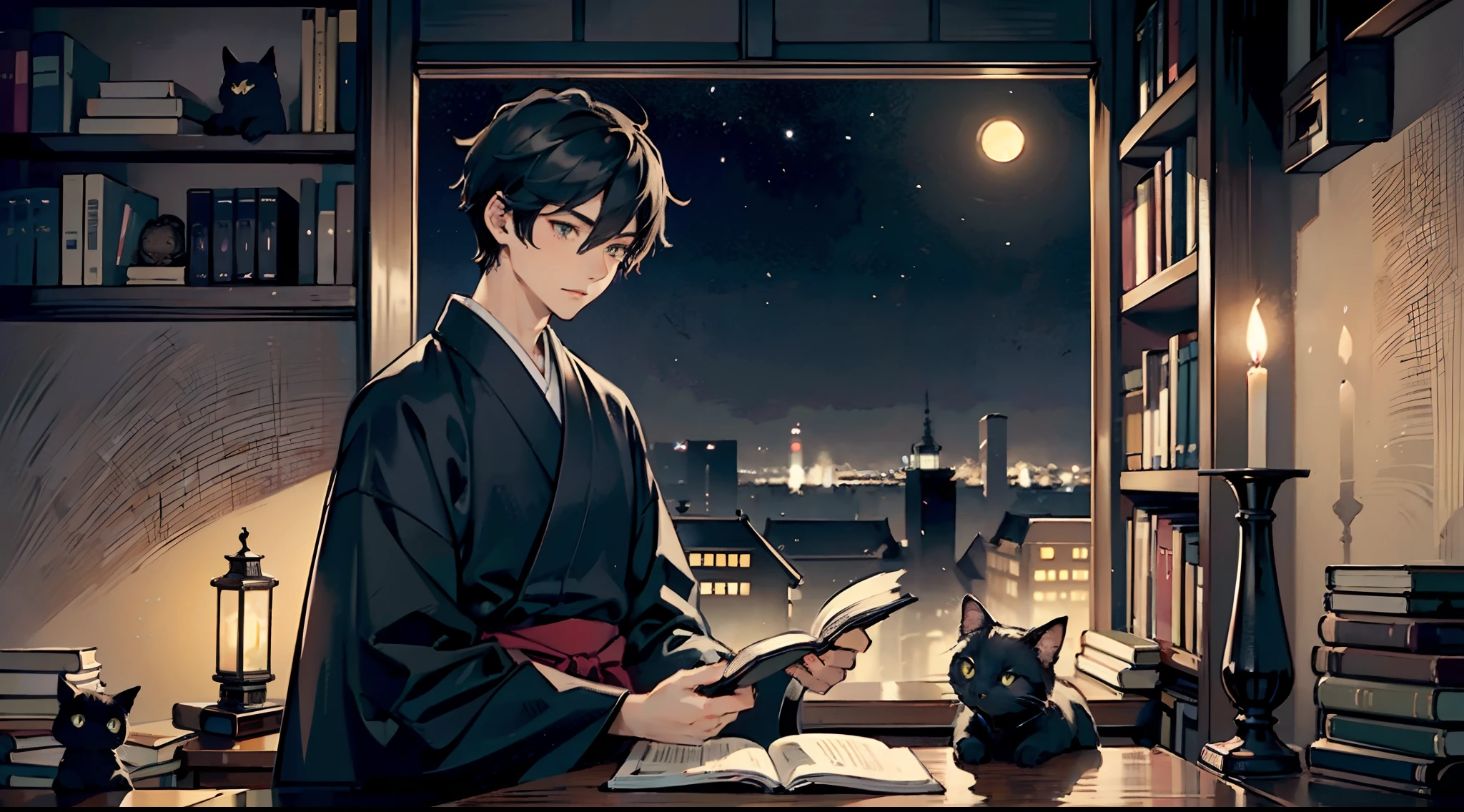 #Quality (intricate-detail、ultra-detailliert:1.2,cinematic shot),
#night landscape (sky with navy color),
#one writing boy (16 male、writer,Honor Students、A dark-haired、short-hair、hakama,sit flat),
#dark room (only one candle,books on desk,pretty tatami,a lot of books,bookshelf,black cat)