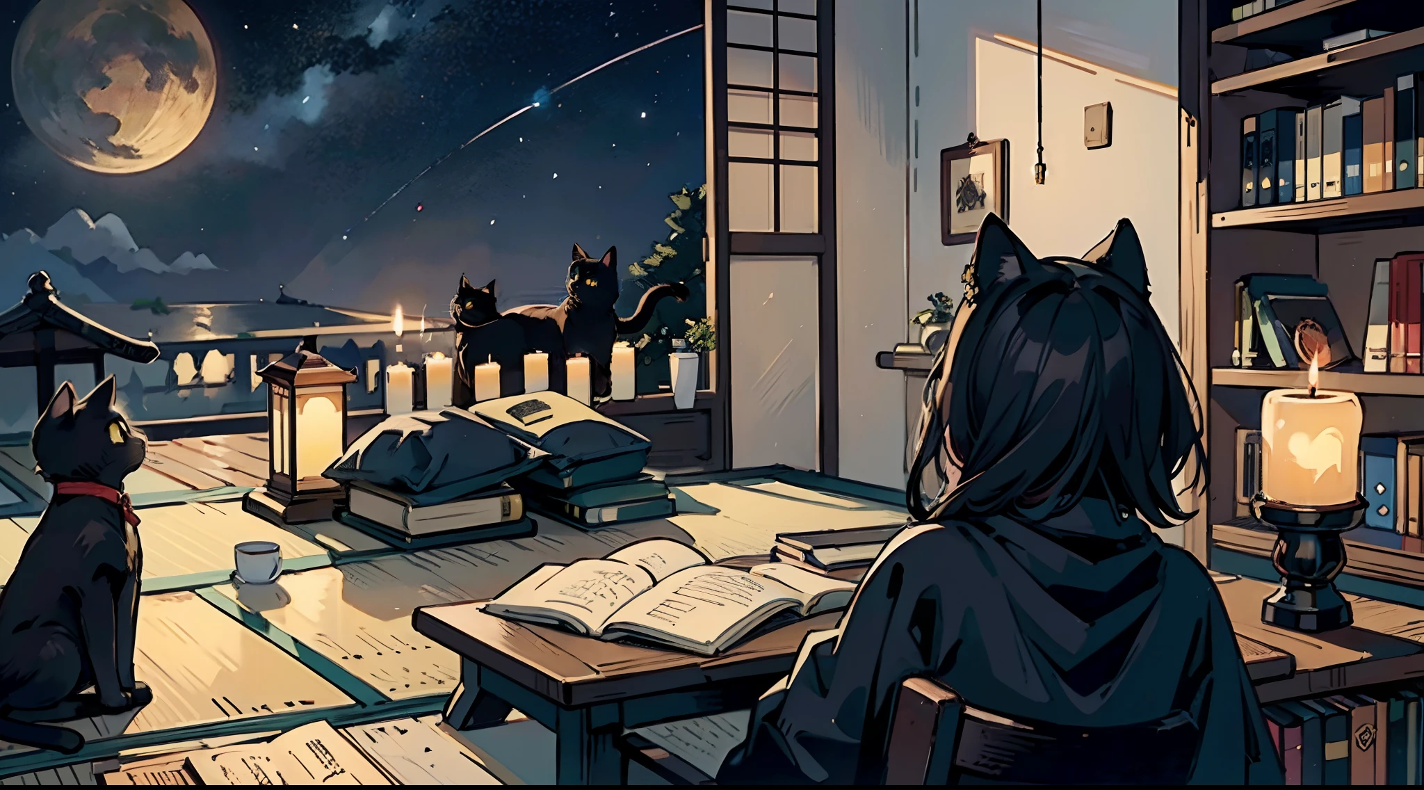 #Quality (intricate-detail、ultra-detailliert:1.2,cinematic shot),
#night landscape (sky with navy color),
#one writing boy (16 male、writer,Honor Students、A dark-haired、short-hair、hakama,sit flat),
#dark room (only one candle,books on desk,pretty tatami,a lot of books,bookshelf,black cat)