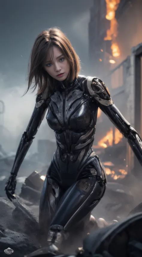 (mechanical parts:1.5),fighting , glowing eyes, short hair,torn tight supersuit, in a destroyed city, smoke and fire, glowing power aura, dynamic pose, dynamic view(frighting pose)(Realistic like movie)