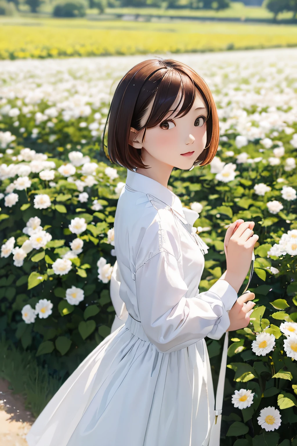 (masutepiece), Best Quality, Ultra-detailed,girl with,White shirt、bionde、small nose、blurry backround:1.5、plein air、flower  field