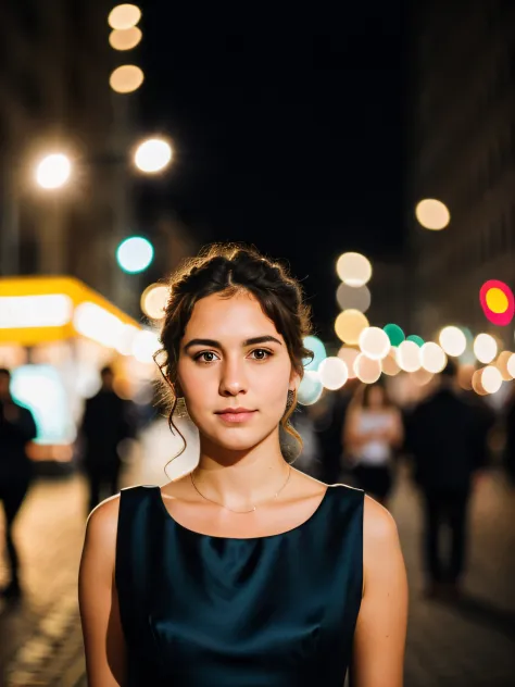 Instagram-Foto, Nahaufnahme Gesichtsfoto eines jungen Franzosen im Kleid, 30 Jahre alt, Beautiful face, Schminke, Nocturnal city street, bokeh, motion blur