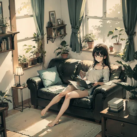 Living room, sofe, window, Curtains, Dappled sunlight, potted plant, Table, locker,bookshelf, Paper, table light, typewriter, Gi...