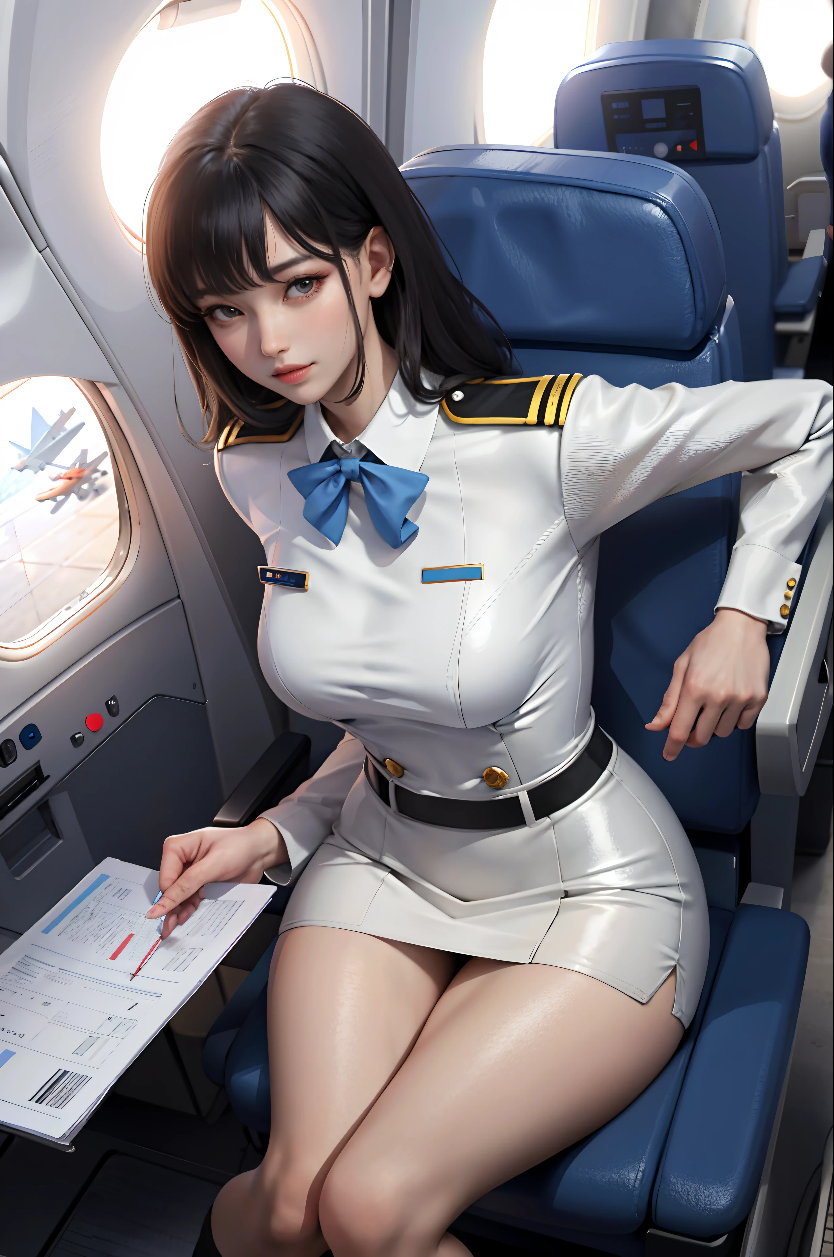 (masterpiece:1.2, best quality), 1lady, solo, Flight attendant, tight Uniform, perfect hands, Airplane, Serving passengers, Providing safety instructions, Responding to emergencies, bangs, (shiny skin:1.15),