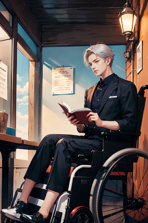 There was a man in a wheelchair reading a book, official character illustration, highly detailed exquisite fanart, official fana...