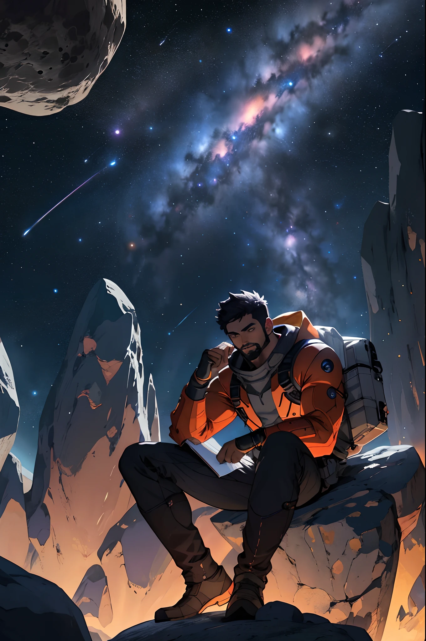 Draw a young programmer, sitting on a research platform floating in the middle of an asteroid belt. He is studying with a notebook, surrounded by several asteroids glowing with fiery auras. Dramatic lighting from distant stars and planets illuminates the scene, casting deep shadows on the suit. The young man looks confident and determined, looking at the vast and mysterious universe with wonder and respect,facial hair, cowboy shot,