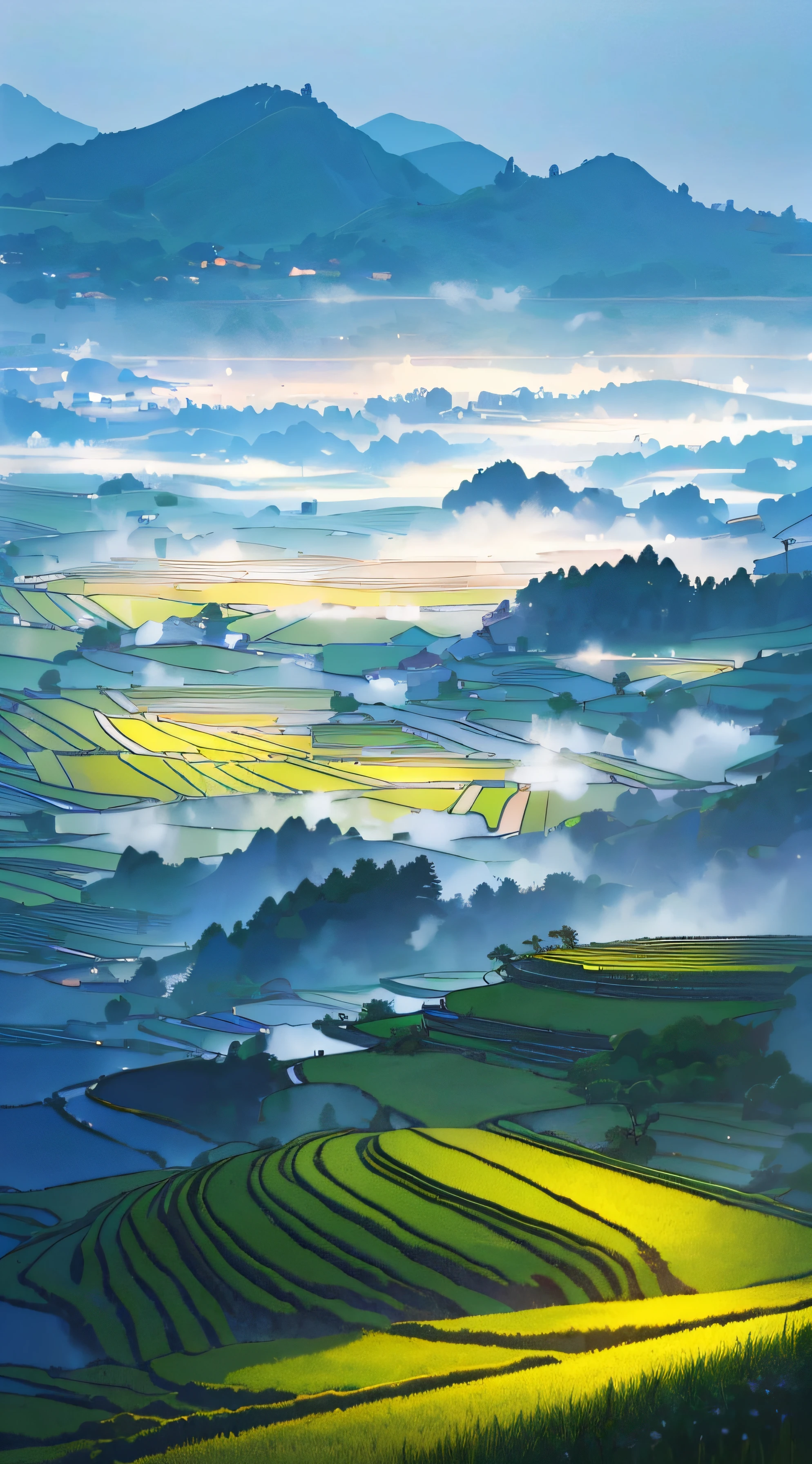 Grande terrasse terrain en montagne，Loge，Il y a des rizières，Rizières，Il y a des plants de riz soignés dans le champ，Pluie brumeuse，villages，Agriculture，dans un paysage serein，temps brumeux，Au milieu de vastes paysages tranquilles，tôt le matin，Dans le brouillard du matin，derrière un petit village，mince brouillard，campagne au japon，toit de chaume ，réalisme hentai --v 6
