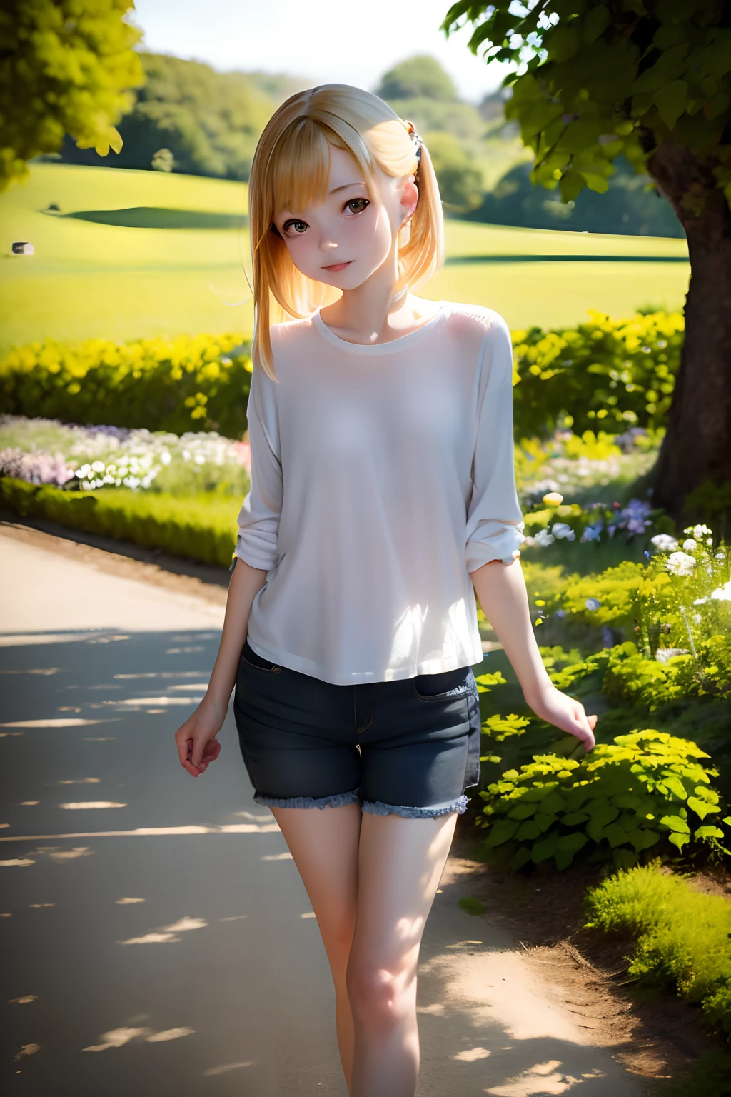 masutepiece), Best Quality, Ultra-detailed,girl with,Small、white  shirt,ash blonde、small nose、Walking in nature、(blurry backround:1.5)、plein air、flower  field