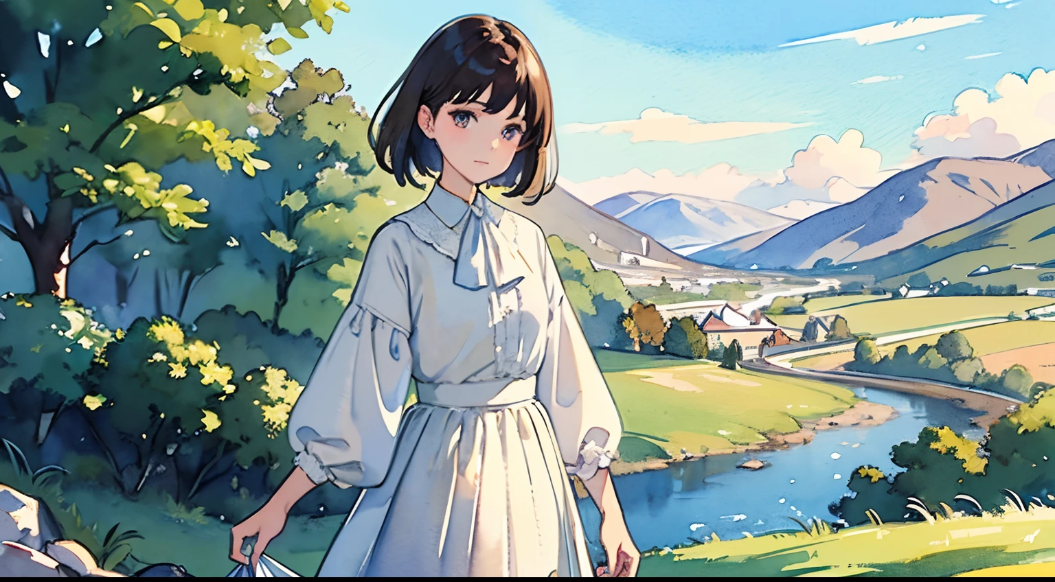((Watercolor by Sargent))、(top-quality、​masterpiece)、tiny chest、Dark brown shorthair、White blouses、White long skirt、Detailed watercolor painting of the Ochill Hills in central Scotland seen from the town of Fishcross、Exquisite details rendered...