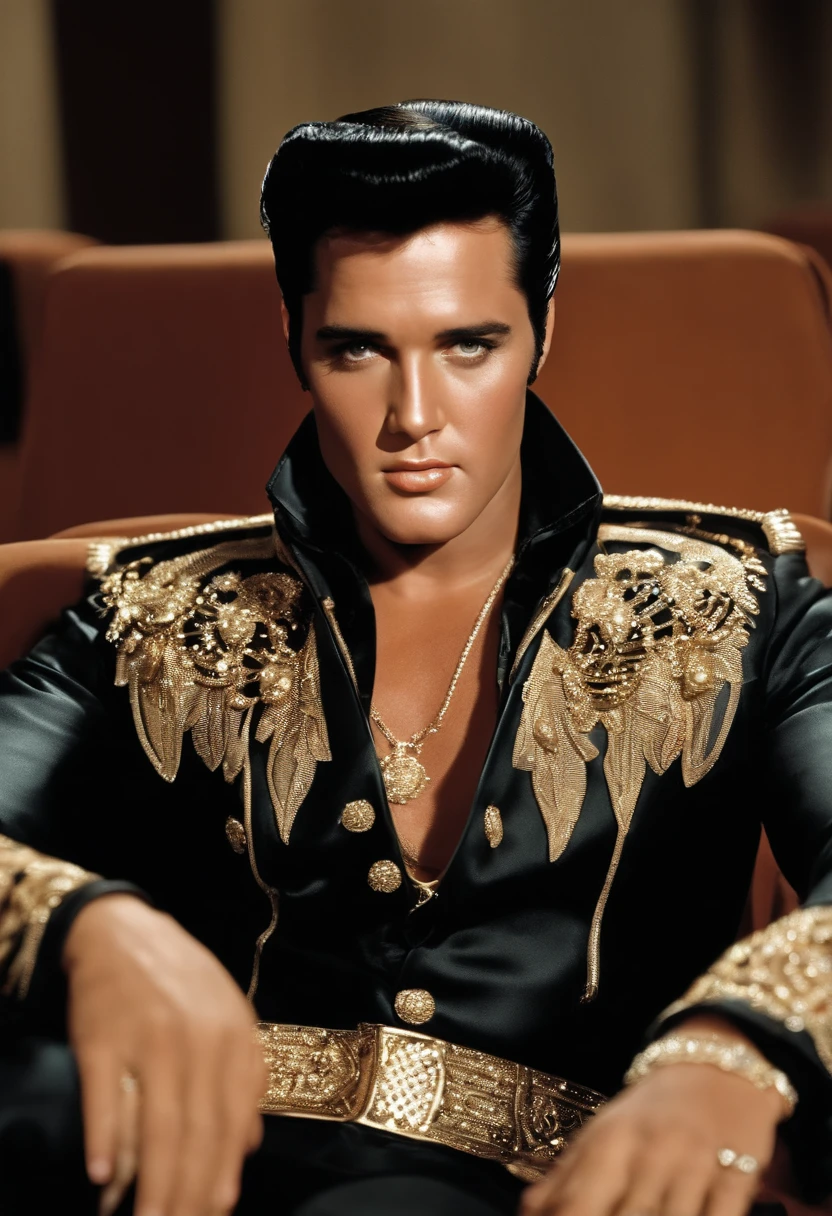 Elvis presley in a black and gold outfit sitting in a chair - SeaArt AI