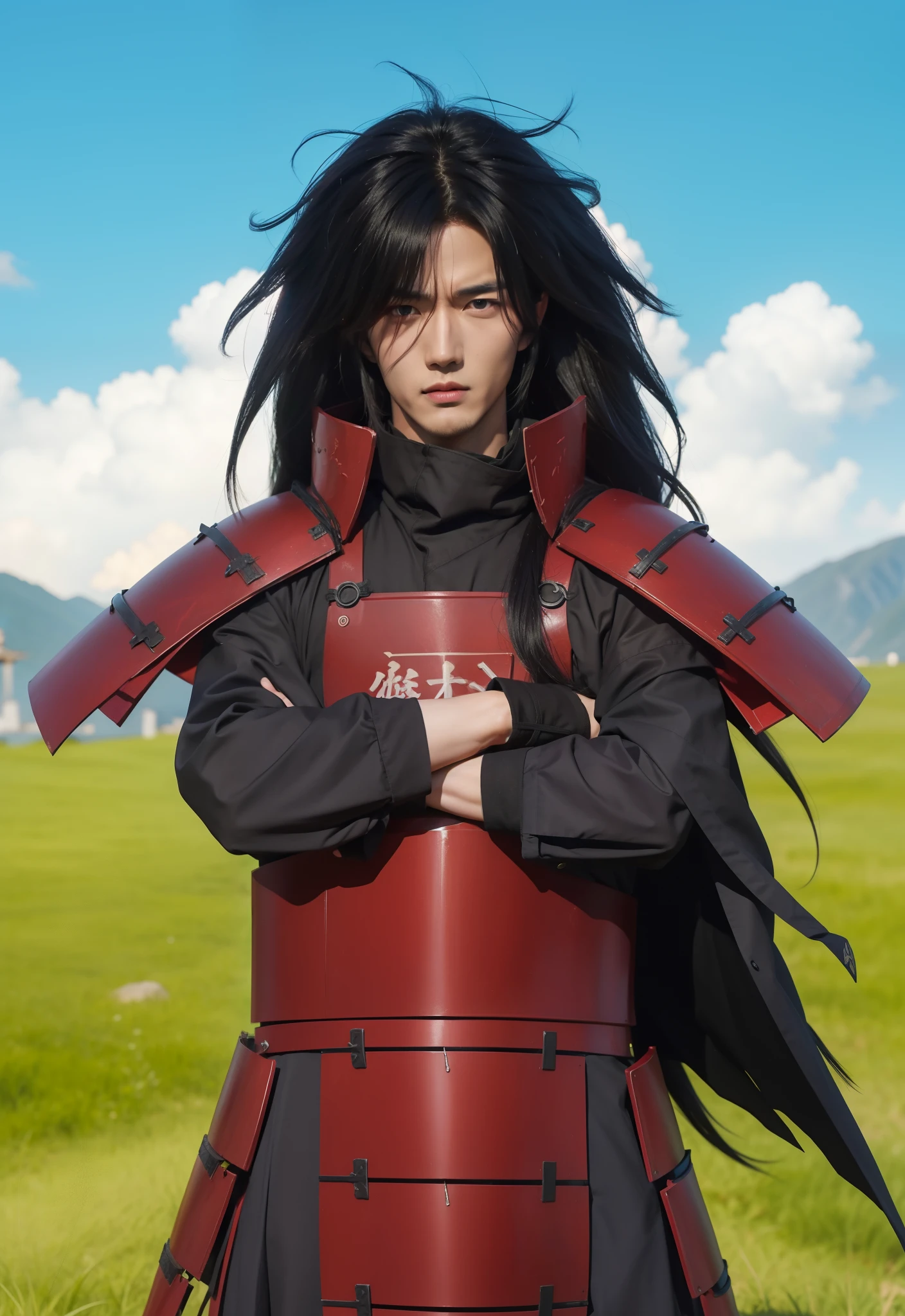 このキャラクターの実写化,彼の名前はアニメナルトのマダラ・ウチハです,韓国の大人のハンサムな顔,リアルな長い乱雑な髪,侍のような赤い鉄の鎧を着たリアルな衣装,リアルな光,リアルな影,リアルな背景,(写実的な:1.2)