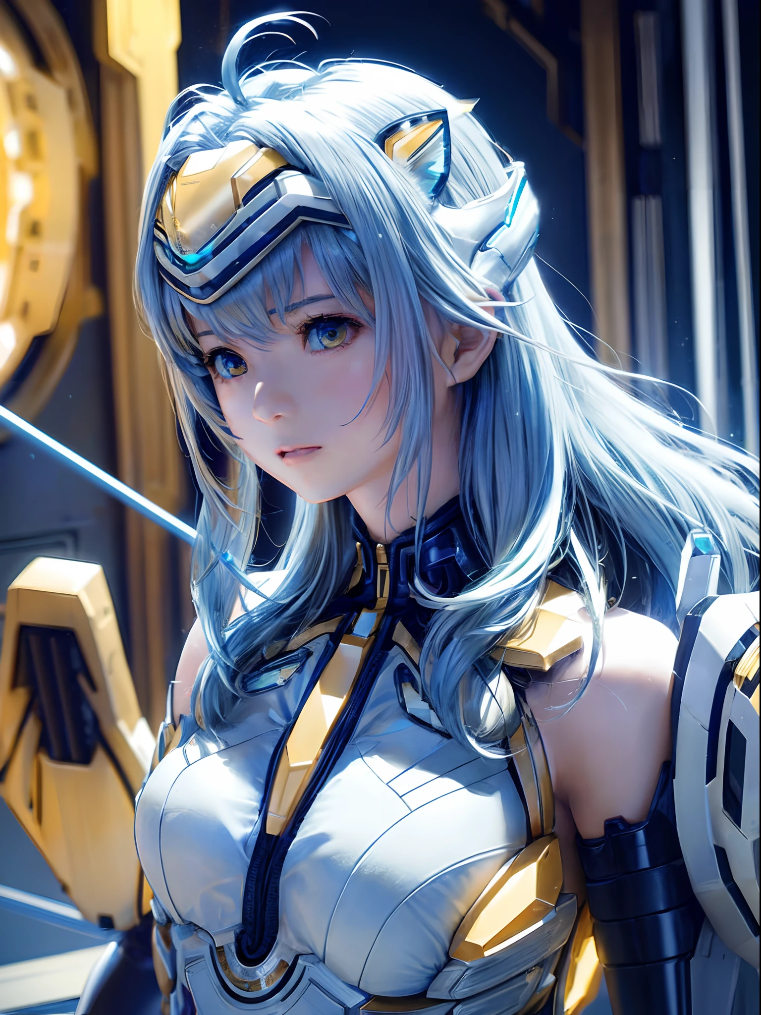 top-quality、​masterpiece、超A high resolution、(Photorealsitic:1.4)、女の子1人、Light blue hair、Straight hair, shiny and clean hair、White shiny skin、Sexy Cyberpunk Girl、((super realistic details))、Shadow、octan render、ultrasharp、hyperdetailed face、Fiberglass、Luminous tube、highly intricate detail、Realistic light、CGSoation Trends、((Golden Eyes))、(Facing the camera)、neon details、Mechanical limbs、Mechanical vertebrae attached to the back、mechanical cervical attaching to neck、Wires and cables connecting to the head、((valkyrie))、((Beam Cannon))、Combat stance