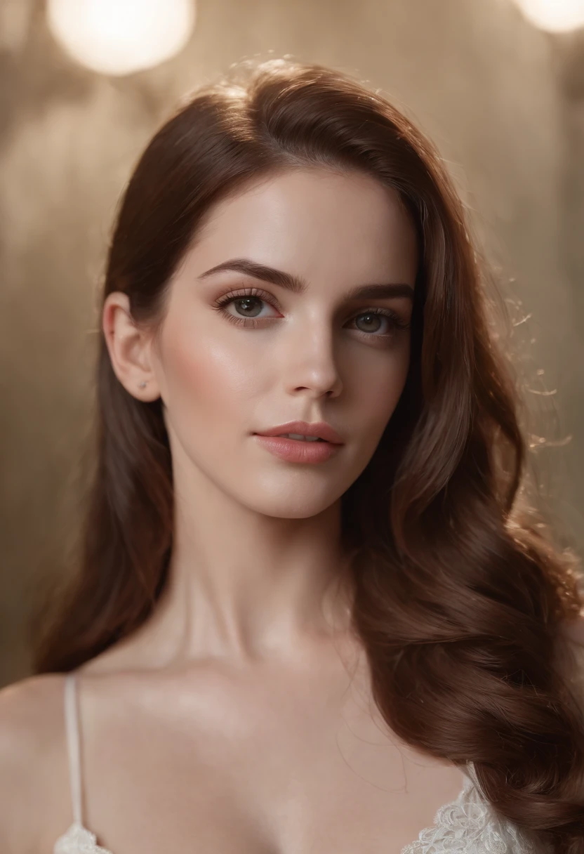 A woman with long brown hair wearing a white dress - SeaArt AI