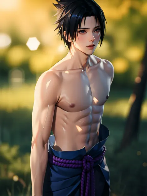1boy, Sasuke, shirtless, purple skirt, wearing SSK_outfit, posing for a picture, left shoulder exposed, abs,  dynamic pose, (mas...