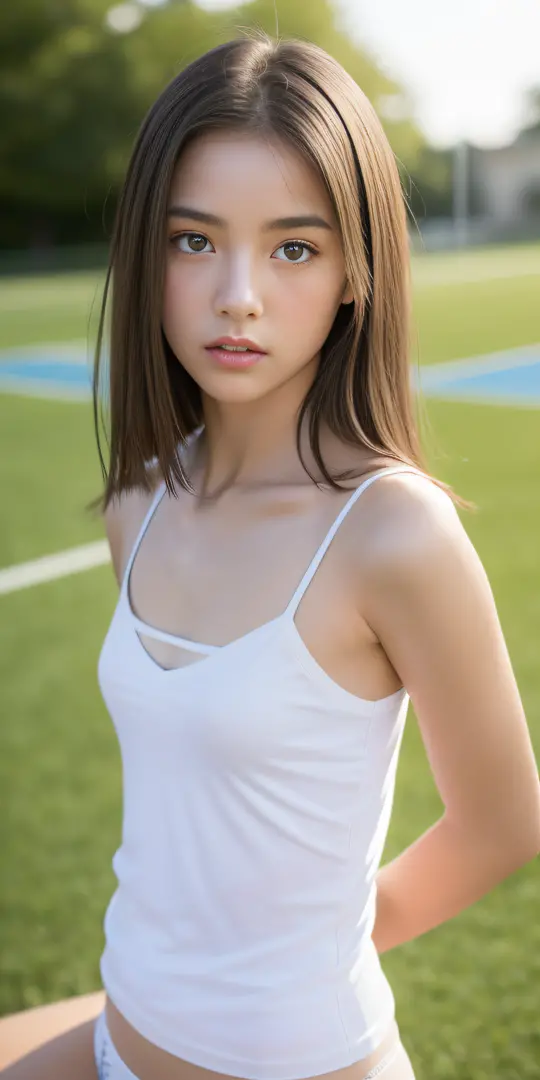 Neat college girl, petite, (long white camisole, white panties), outside the athletic field, (slim, small, flat, small), photorealistic, detail, skin texture, super detail, delicate and sexy collarbone, troubled expression, super detailed face, detailed li...