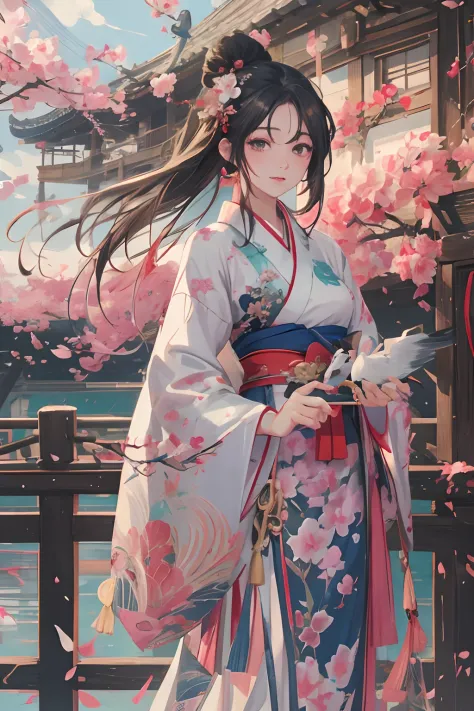 anime girl in a kimono dress with a fan and a bird, palace ， a girl in hanfu, by Yang J, a beautiful artwork illustration, beaut...