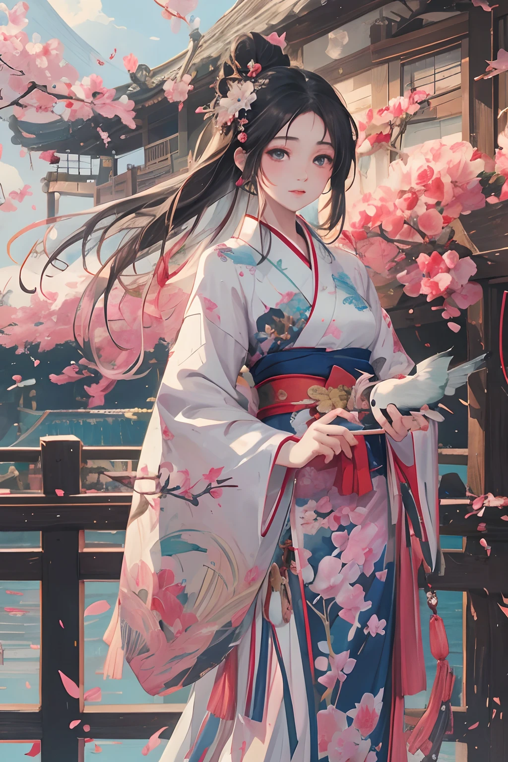 anime girl dans une robe kimono avec un éventail et un oiseau, palais ， une fille en hanfu, par Yang J., une belle illustration d&#39;œuvre d&#39;art, belle peinture de personnage, oeuvre d&#39;art dans le style de guweiz, belle œuvre d&#39;art animée, guweiz sur pixiv artstation, Illustration fantastique d&#39;anime, guweiz, Belle œuvre d&#39;art numérique, cheveux flottants et robes longues