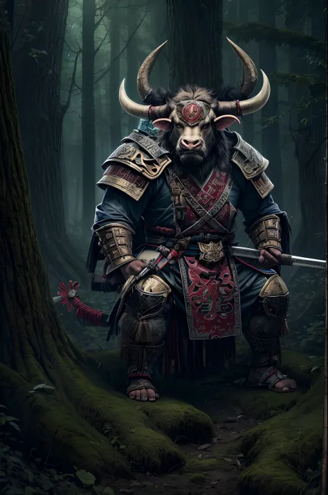 A Minotaurus with characteristic Bull's Head wearing Samurai Outfit in A Old Forest At Night, Warhammer,