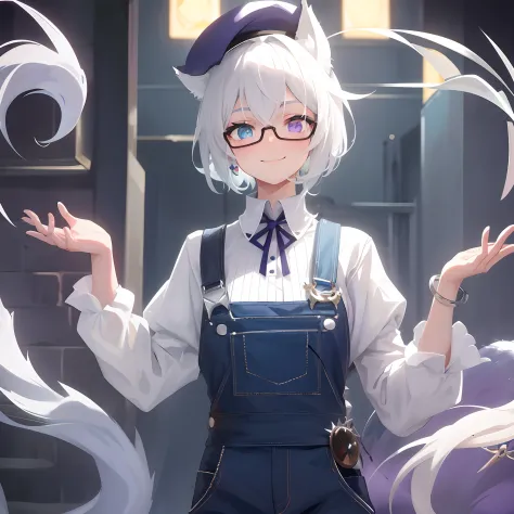 (masterpiece, best quality), 1girll, solo, with short white hair, wolf ears, wolf tail, long eyebrow, heterochromia, redness of ...