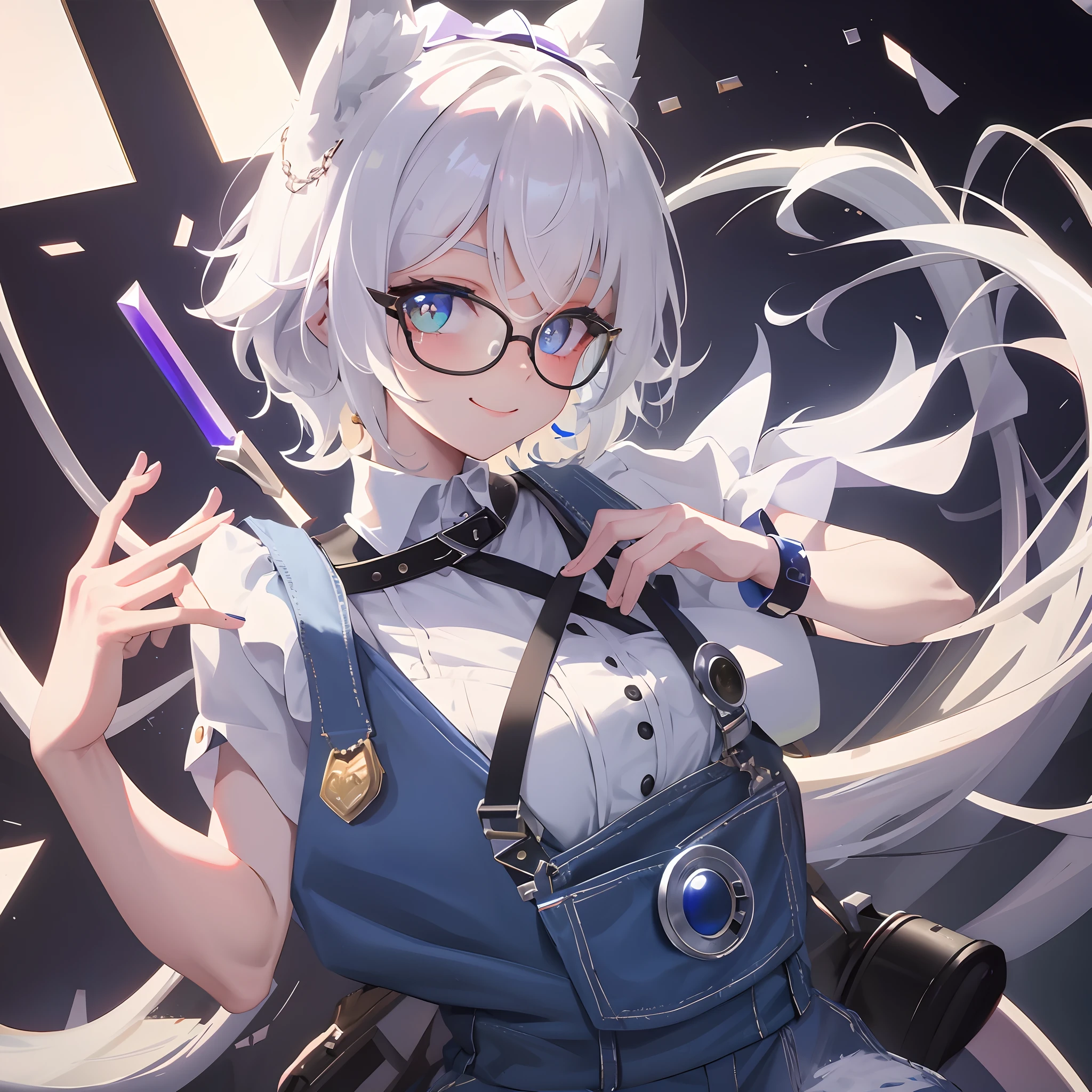 (Masterpiece, Best quality), 1girll, Solo, with short white hair, Wolf ears, Wolf tail, long eyebrow, Heterochromia, Redness of the right eye, blue eye on left eye, White shirt, Blue overalls, White-framed glasses, Left head purple berets, Neckbells, Light smile, fantasy, Castle