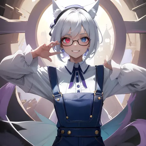 (masterpiece, best quality), 1girll, solo, with short white hair, wolf ears, wolf tail, long eyebrow, heterochromia, redness of ...