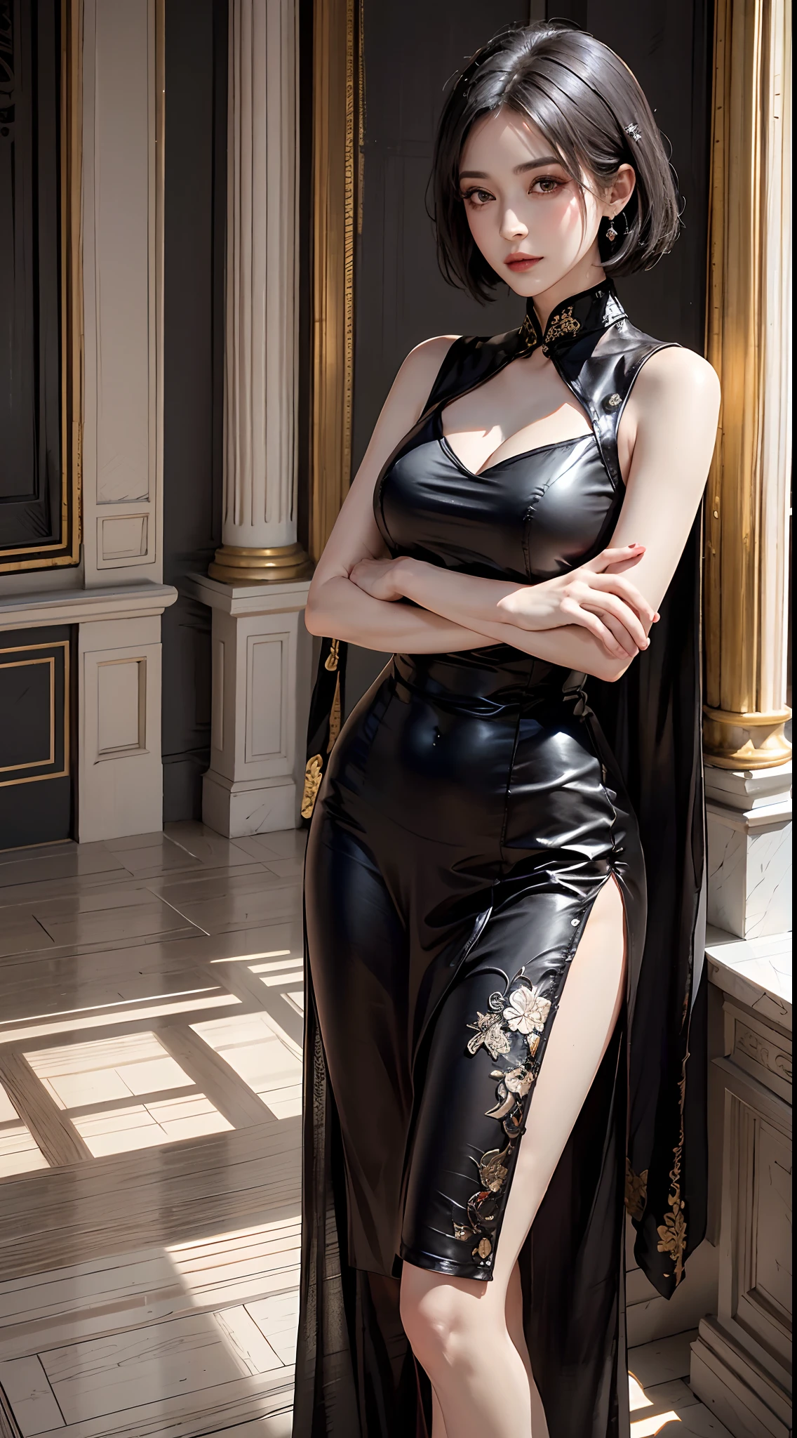 photorealistic, high resolution, 1women, mature female, solo, hips up, long hair, tattoo, (standing in a luxurious room, royal palace:1.5), ( intricate long black sleeveless china dress:1.3, cheongsam, lace details, high collar, long pelvic curtain, hip vent:1.2), black stiletto heels, (crossed arms:1.35), black hair, (facial clarity:1.3), short hair, intricate details, long eyelashes, thick eyelashes, short hair