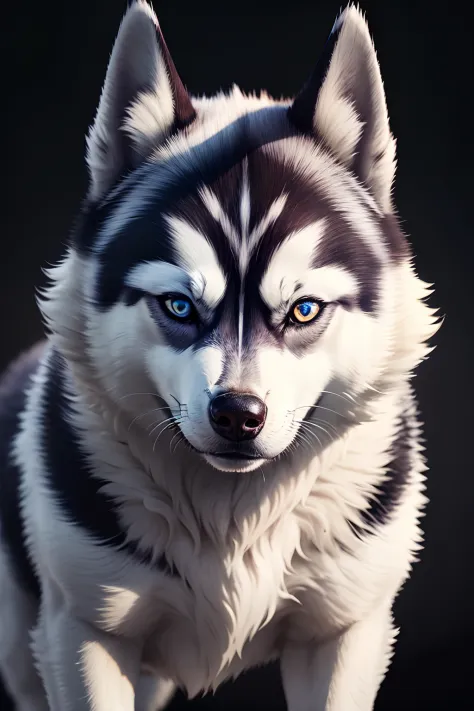 A husky，Wise eyes，commerciaphotography，solid black background