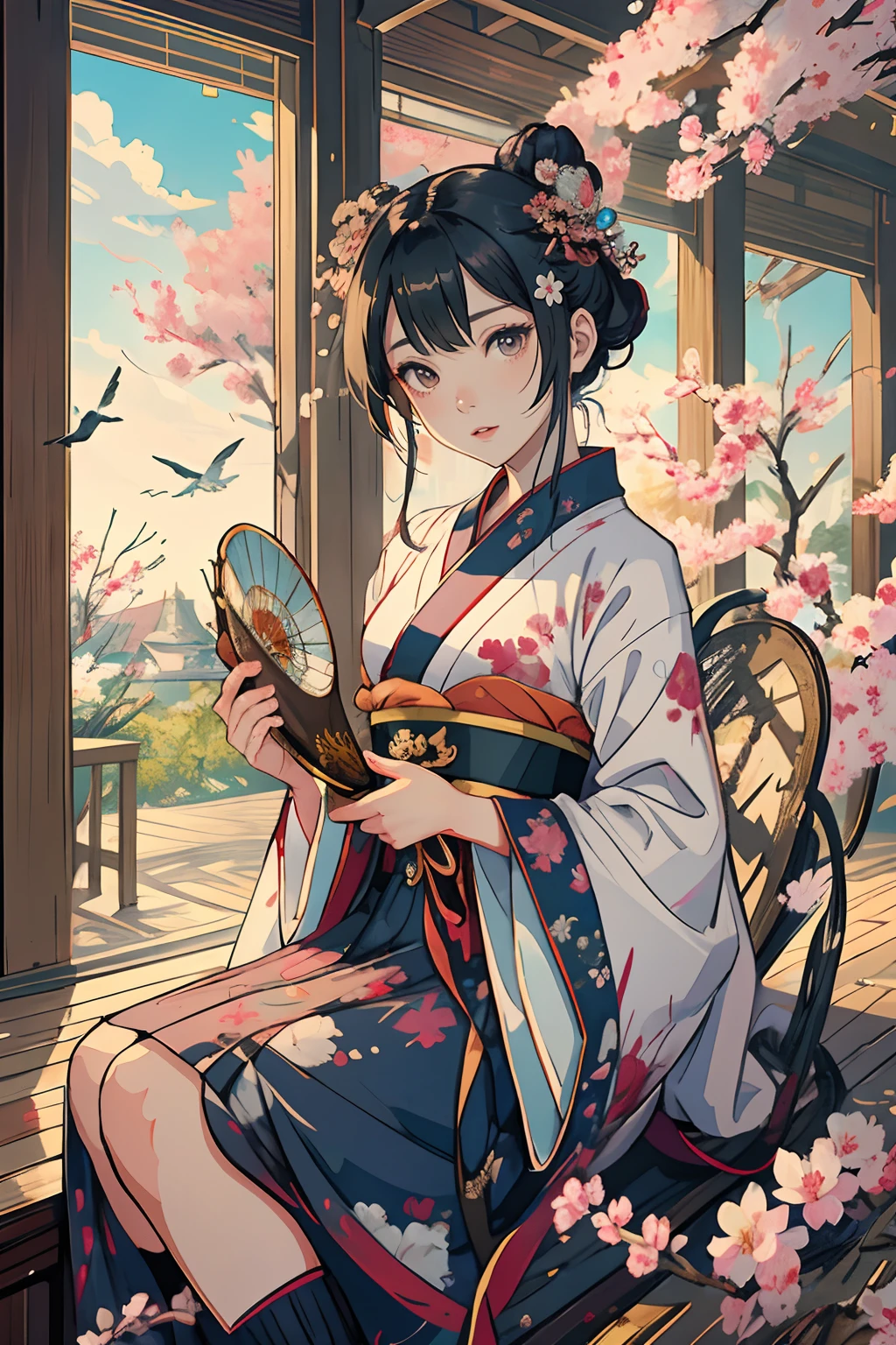 anime girl in a kimono dress with a fan and a bird, palace ， a girl in hanfu, by Yang J, a beautiful artwork illustration, beautiful character painting, artwork in the style of guweiz, beautiful anime artwork, guweiz on pixiv artstation, anime fantasy illustration, guweiz, beautiful digital artwork, flowing hair and long robes