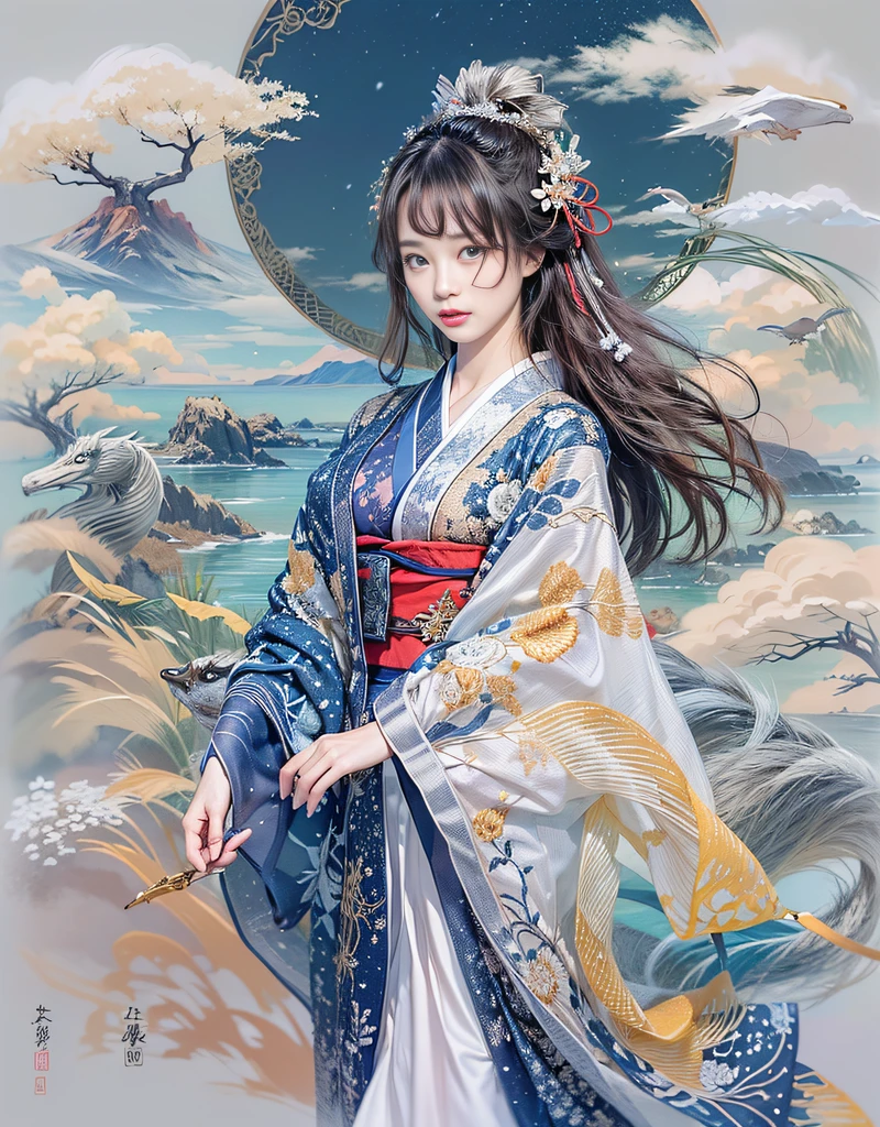 (Hermosa modelo en comercial de kimono japonés.), (solo), ((la cara es 80% belleza y elegancia, 20% bonito y lindo:1.5)), (Sus raíces están en Europa del Este y Asia), Ojos claros, (ojos detallados, Ojos marrón claro, pupilas brillantes), Párpados dobles, (labios sexys con un poco de espesor:1.2), súper detallado and incredibly high resolution Kimono, Textura facial muy detallada, forma de cuerpo llamativa, mujer con curvas y muy atractiva, Foto profesional en color RAW de alta resolución, ROMPER texturas de ultra alta resolución, Representación del cuerpo en alta resolución, ojos grandes, obra maestra incomparable, increíble alta resolución, súper detallado, impresionante piel de cerámica, BREAK (Vistiendo un kimono plateado brillante de la escuela Rimpa con muchos colores plateados Rinpa.), (El color principal es Rinpa plateado brillante., con una gradación de negro a plateado desde el dobladillo hasta el cuello), (Kimono plateado brillante japonés clásico elaboradamente elaborado), ((Los patrones de bordado son dragones japoneses., Nubes, montañas, y ríos)), (Obi de color lapislázuli elegante y elaborado), ((Kimono plateado brillante con bordado elaborado y elegante.)), (El fondo es una escena nocturna con un poco de nieve cayendo.) BREAK ((mejor calidad, 8k)), enfoque nítido:1.2, (corte de capa, grande:1.2), (hermosa mujer con figura perfecta:1.4), (Pechos bellamente formados y grandes:1.3), cintura delgada, (Forma correcta de la mano:1.5), (tiro de cuerpo completo | tiro de vaquero | vista trasera)