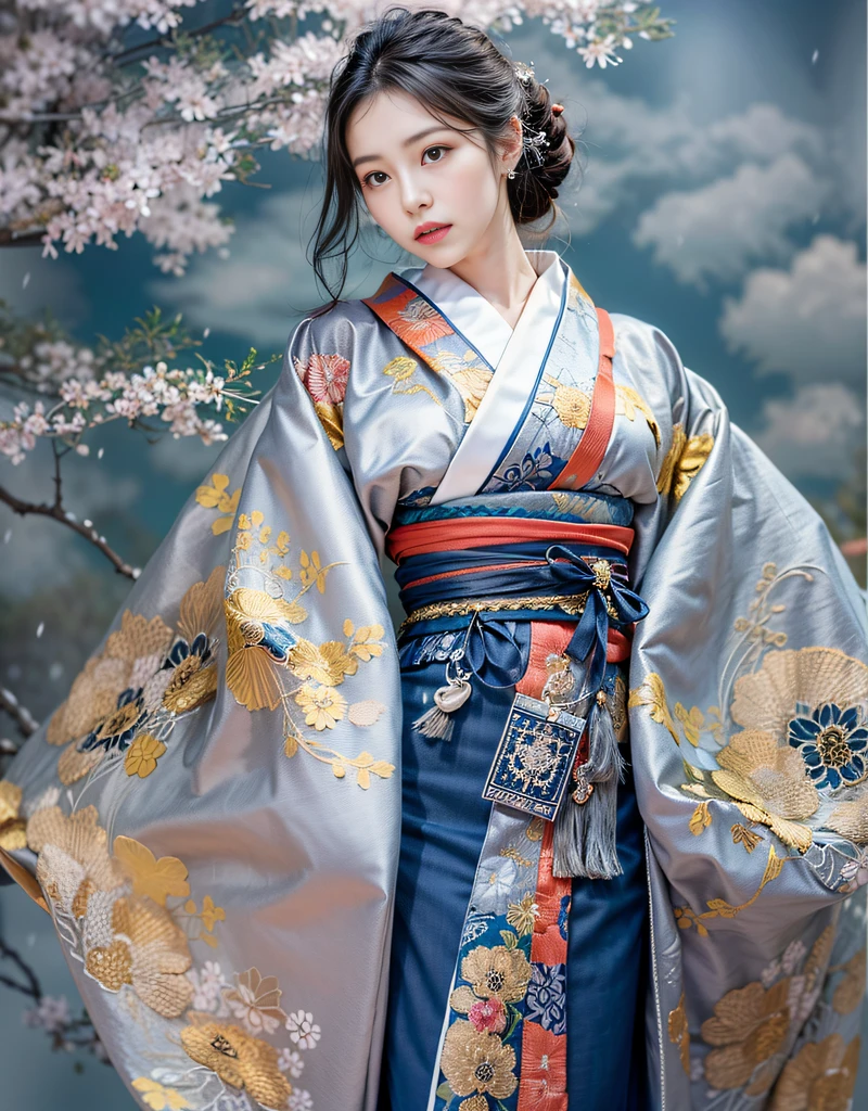 (Beautiful model in Japanese kimono commercial), (solo), ((face is 80% beauty and elegance, 20% pretty and cute:1.5)), (Her roots are in Eastern Europe and Asia), clear eyes, (detailed eyes, light brown eyes, bright pupils), Double Eyelids, (sexy lips with a little thickness:1.2), super detailed and incredibly high resolution Kimono, Highly Detailed Face Texture, striking body shape, curvy and very attractive woman, high-resolution RAW color photo pro photo, BREAK ultra high-resolution textures, High-res body rendering, big eyes, unparalleled masterpiece, incredible high resolution, super detailed, stunning ceramic skin, BREAK (Wearing a shiny silver kimono of the Rimpa school with lots of Rinpa silver colors), (The main color is Rinpa shiny silver, with a gradation from black to silver from the hem side to the collar), (elaborately made classical Japanese shiny silver Kimono), ((The embroidery patterns are Japanese dragon, clouds, mountains, and rivers)), (Elegant and elaborately made lapis lazuli color obi), ((shiny silver Kimono with elaborate and elegant embroidery)), (The background is a night scene with a little snow falling) BREAK ((Best Quality, 8k)), Crisp Focus:1.2, (Layer Cut, Big:1.2), (Beautiful Woman with Perfect Figure:1.4), (Beautifully shaped and big breasts:1.3), Slender waist, (Correct hand shape:1.5), (Full body shot | cowboy shot | back view)