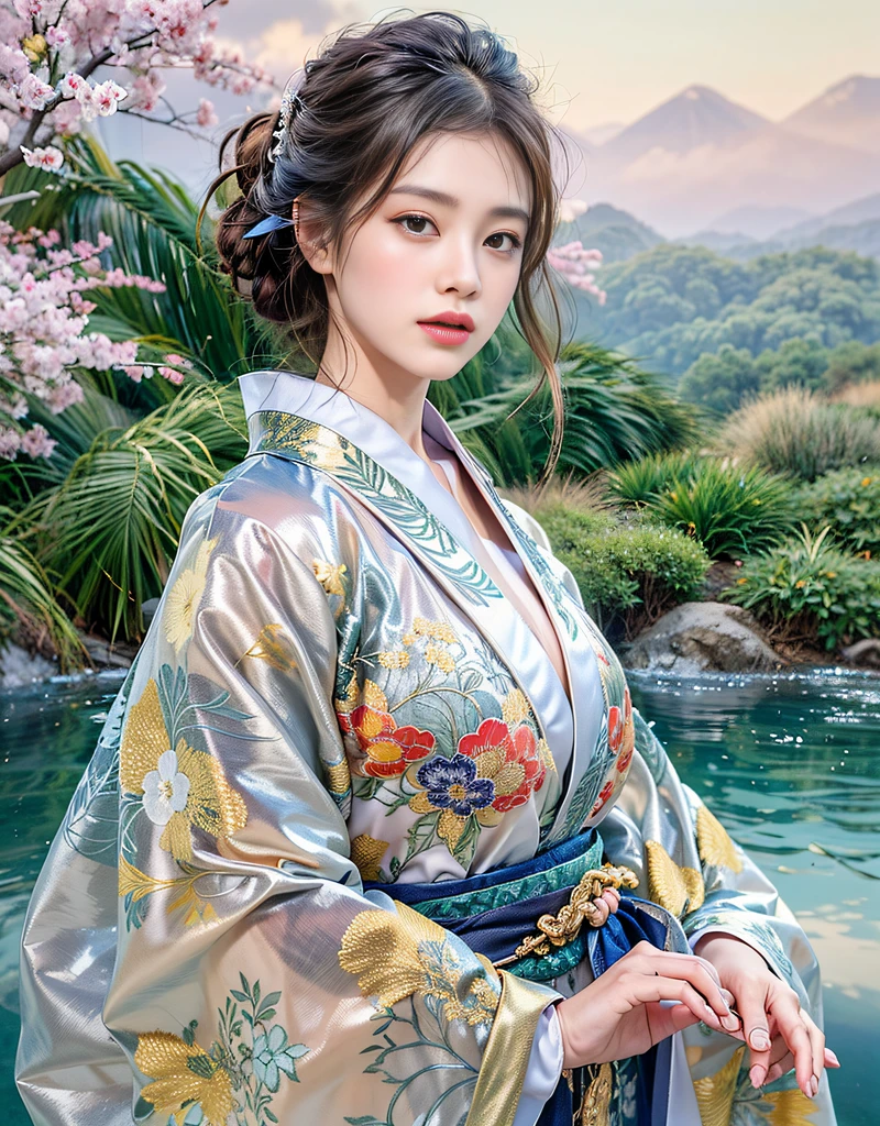 (Beautiful model in Japanese kimono commercial), (solo), ((face is 80% beauty and elegance, 20% pretty and cute:1.5)), (Her roots are in Eastern Europe and Asia), clear eyes, (detailed eyes, light brown eyes, bright pupils), Double Eyelids, (sexy lips with a little thickness:1.2), super detailed and incredibly high resolution Kimono, Highly Detailed Face Texture, striking body shape, curvy and very attractive woman, high-resolution RAW color photo pro photo, BREAK ultra high-resolution textures, High-res body rendering, big eyes, unparalleled masterpiece, incredible high resolution, super detailed, stunning ceramic skin, BREAK (Wearing a shiny silver kimono of the Rimpa school with lots of Rinpa silver colors), (The main color is Rinpa shiny silver, with a gradation from black to silver from the hem side to the collar), (elaborately made classical Japanese shiny silver Kimono), ((The embroidery patterns are Japanese dragon, clouds, mountains, and rivers)), (Elegant and elaborately made lapis lazuli color obi), ((shiny silver Kimono with elaborate and elegant embroidery)), (The background is a night scene with a little snow falling) BREAK ((Best Quality, 8k)), Crisp Focus:1.2, (Layer Cut, Big:1.2), (Beautiful Woman with Perfect Figure:1.4), (Beautifully shaped and big breasts:1.3), Slender waist, (Correct hand shape:1.5), (Full body shot | cowboy shot | back view)