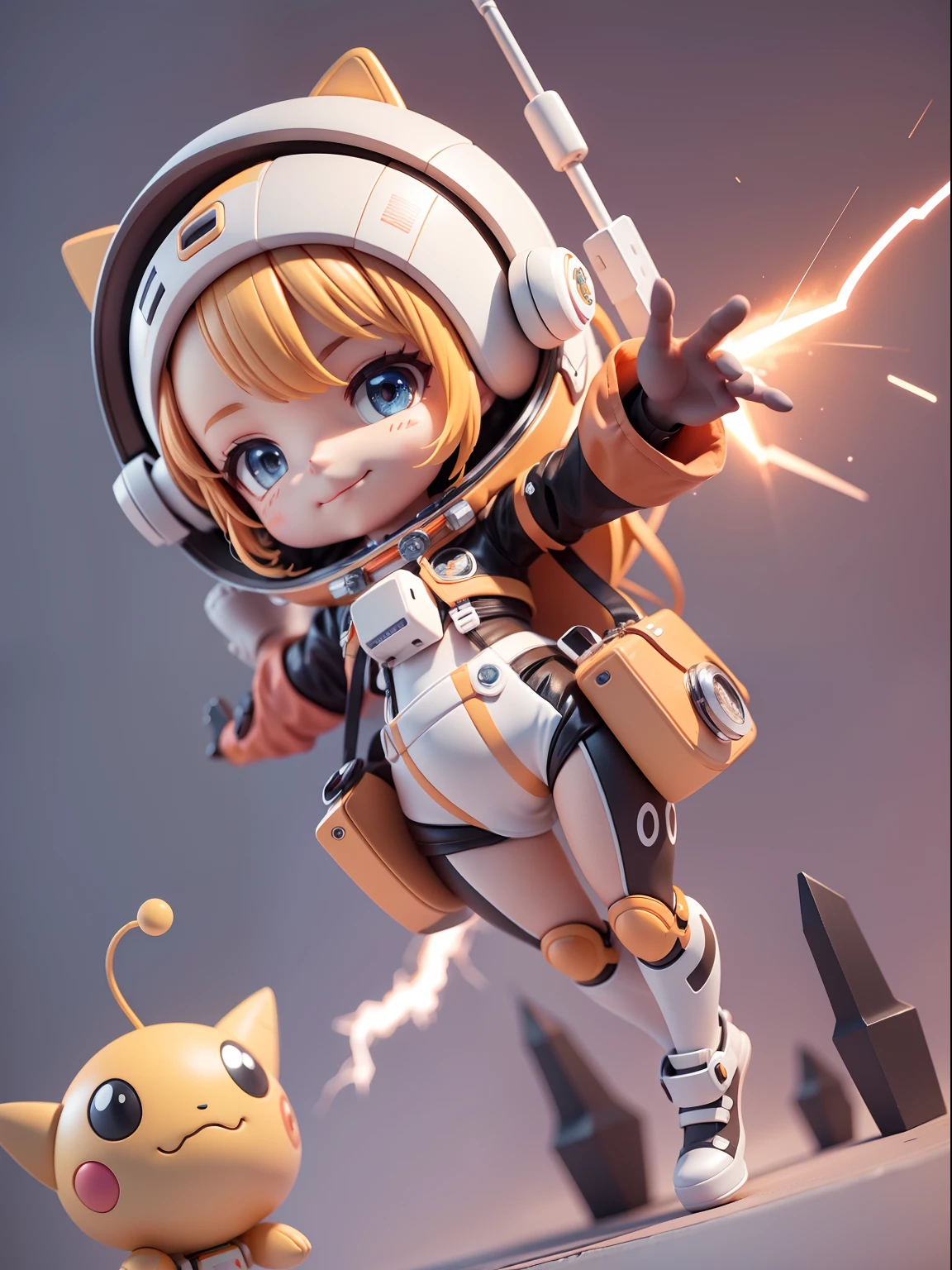 Cute girl ride on spaceship, Smile and cute pose ,Orange and white color, (Cute Astronaut: 1.331), Cute Style, Small, Big Head, 3D Rendering, ((Q Version)), Pokémon style, Machine Style, Cinematic Texture, Figures, Pokémon, Movie Lights, Heavy Robotic Arm, Mechanical Belly, Mechanical Legs, Mechanical Legs, Mechanical Sense,  Spinning, Colorful Lightning, Lightning, Cool, Clean White Background, Ray Tracing, Premium Colors, Full Body 3D Model, Action, Stylish Blind Box Toys. (fill body:1.2)，chibi