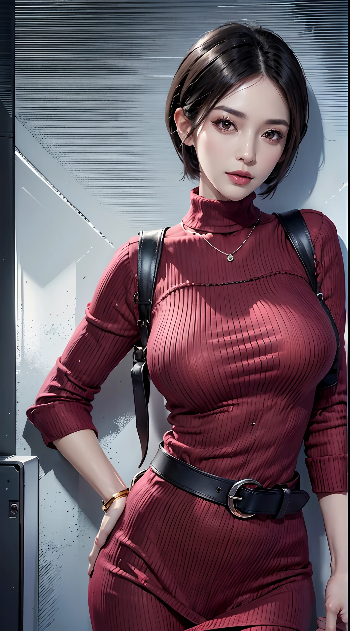 photorealistic, high resolution, 1women, mature female, solo, hips up, red sweater dress, belt, black hair, (facial clarity:1.3), short hair, intricate details, long eyelashes, thick eyelashes, short hair