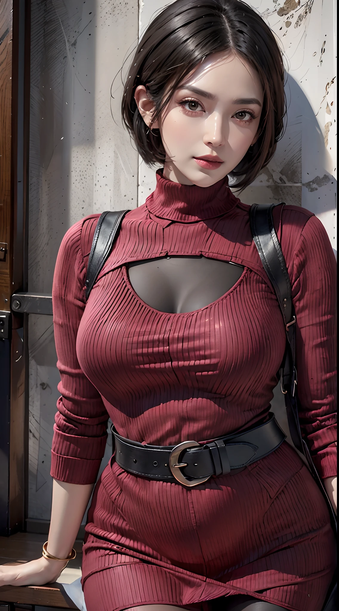 photorealistic, high resolution, 1women, mature female, solo, hips up, red sweater dress, belt, black hair, (facial clarity:1.3), short hair, intricate details, long eyelashes, thick eyelashes, short hair