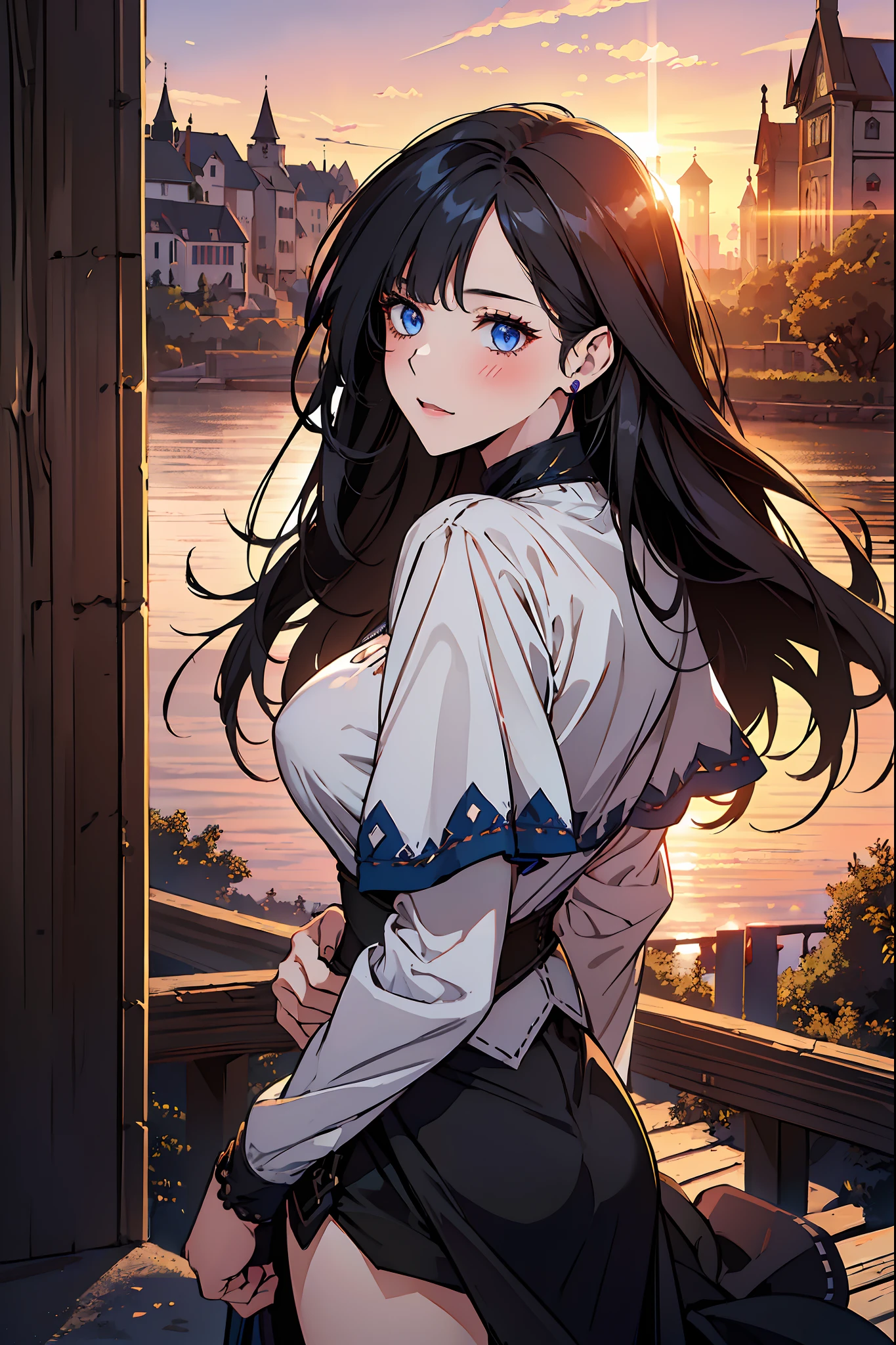 ((one girl)), dark blue eyes, (((same eyes, same eye style))), long hair, A beautiful girl is on the road, 2, masterpiece, highest quality, blue shirt, cleavage, shoulders exposed, white mini skirt, big breasts, portrait, (high quality :1.5), black hair, (((happy)), blush, Tall body, outdoors, (((medieval era, village))), laugh, ((high resolution)), ((sunset in the back)), ((bridge)), mature face