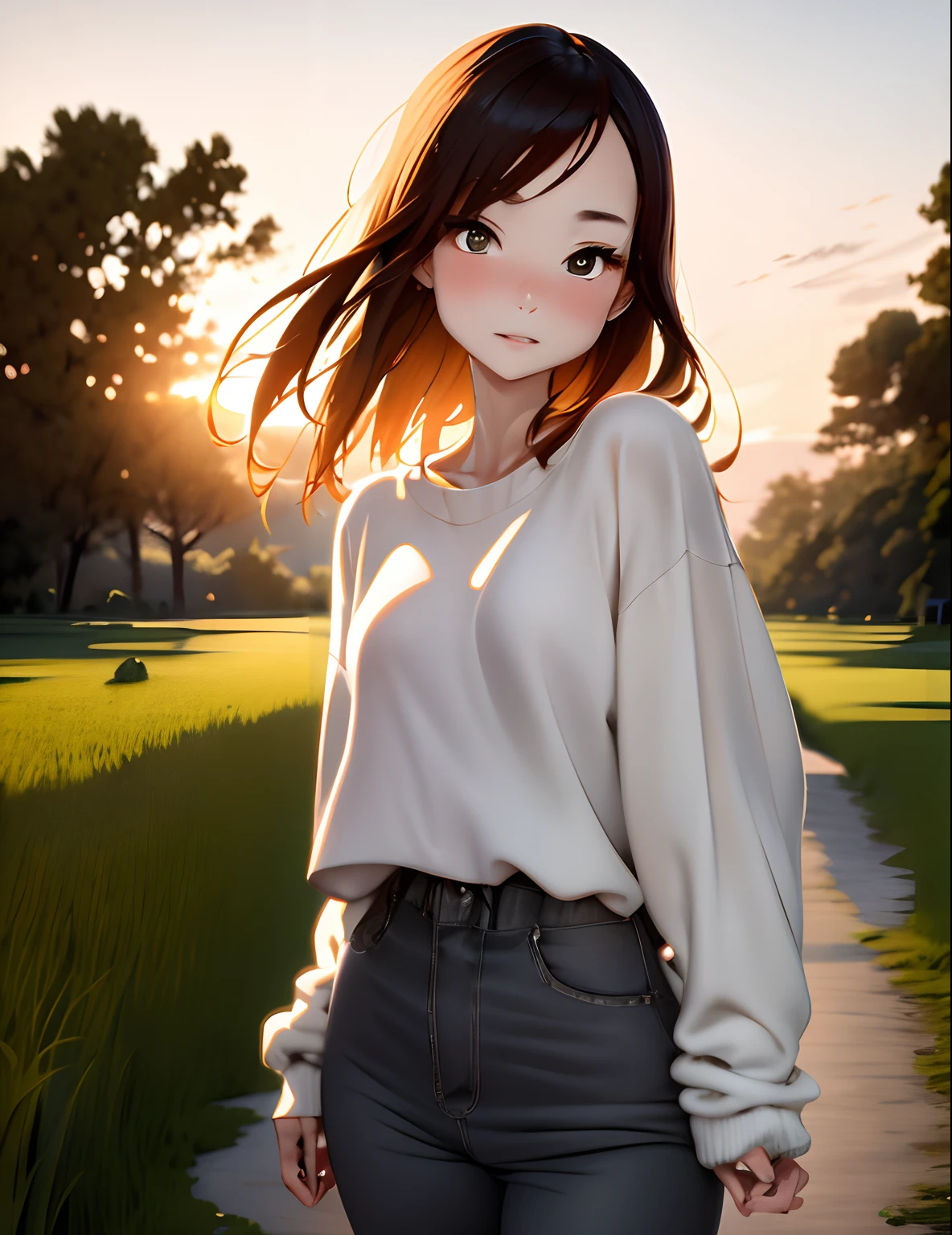 ((Extremely detailed)),, (8K), Best Quality, (Beautiful),((masutepiece)), ((Best Quality)), beautiful a girl,sixteen years old、Slender body、Smaller chest,suppresses disheveled hair、Beige Long Sweatshirt Dress、skinny pants、(Ultra-detailed), ((kawaii)), Cute, (Natural look),plein air、blurry backround:1.5、Countryside at sunset、red dragonfly、Ears of rice fluttering in the wind