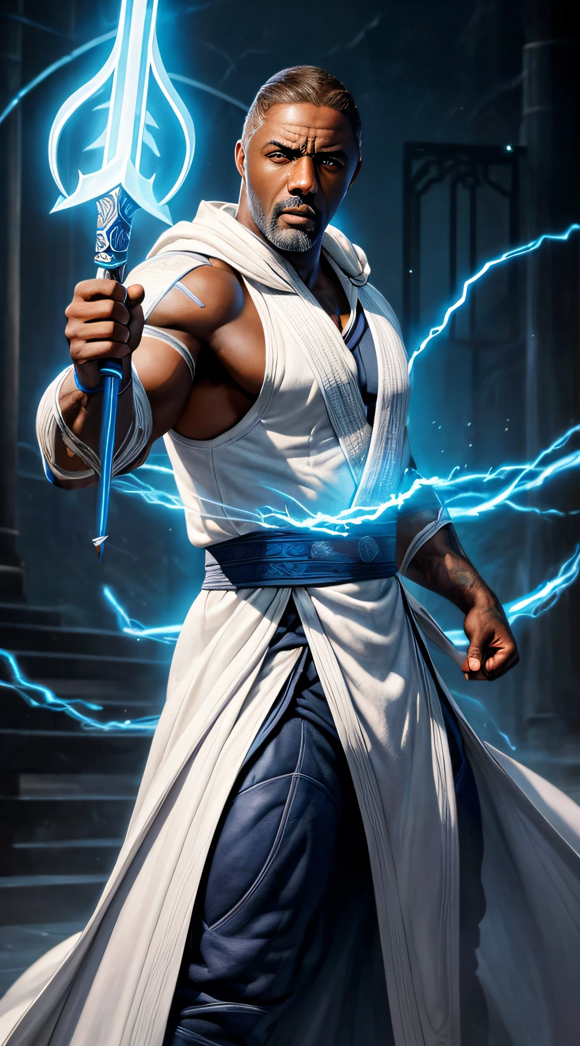 actor ((Idris Elba)) as Raiden, Mortal Kombat, wears white robe, a vietnamese hat, glowing blue eyes, wields staff, God of Thunder, protector of Earthrealm, intricate, high detail, sharp focus, dramatic, photorealistic painting art by greg rutkowski