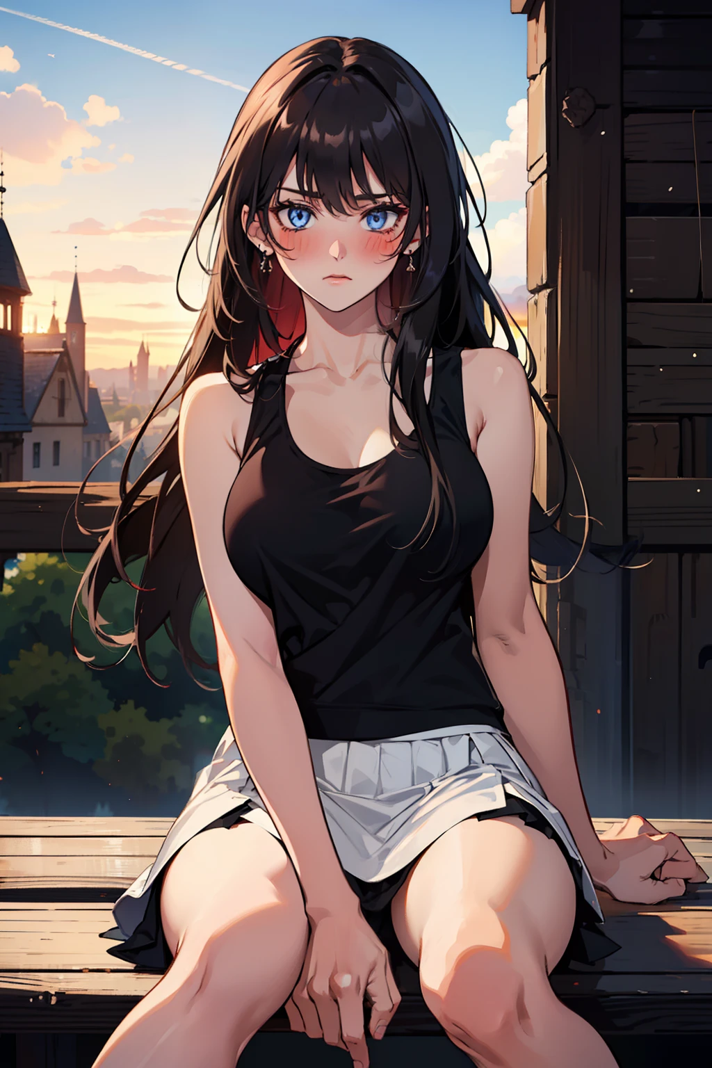 ((one girl)), dark blue eyes, long hair, A beautiful girl is sitting on a bench, 25 years old, masterpiece, highest quality, (((black tank top))) , (((white mini skirt))), big breasts, portrait, (high quality :1.5), black hair, (((blushing))), Tall body, outdoors, (((medieval era, village))), ((high resolution)), ((sunset in the back)), mature face, ((she loves you)), ((hands between legs)), (((legs closed)))