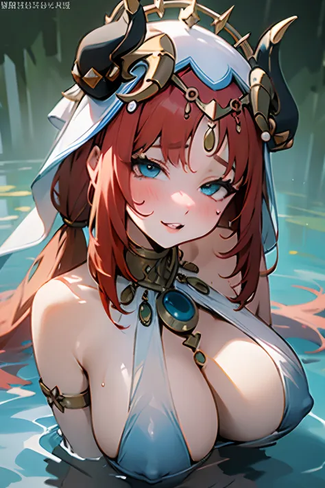 Masterpiece, Best quality, A high resolution, Nilu, 1girll, Red hair，Double ponytail hair，blue color eyes（The vaginal lips can be seen through the underwear：1.5）， , White veil，Wearing horns on the head，Cyan transparent chest wrap，Cyan light gauze transpare...