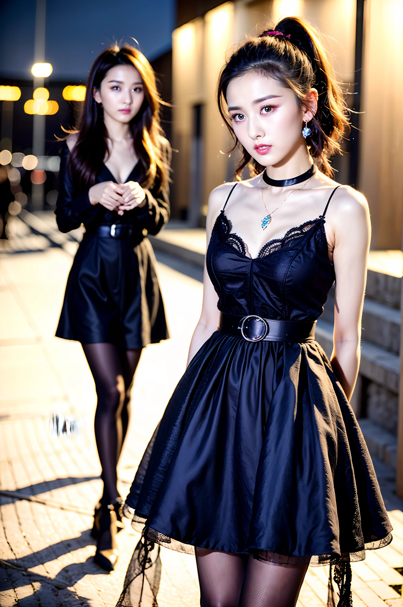 Two asian women in black dresses walking down a sidewalk - SeaArt AI