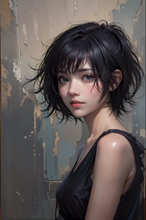 (realistic:1.37),dark short hair,raven-black flowing hair,fringe,deep black eyes,21 years old,shoulder-length hair,black clothin...