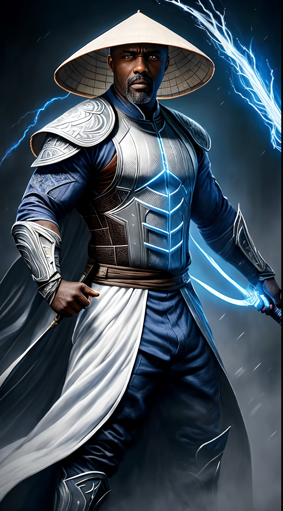 actor ((Idris Elba)) as Raiden, Mortal Kombat, wears white robe, a vietnamese hat, glowing blue eyes, wields staff, God of Thunder, protector of Earthrealm, intricate, high detail, sharp focus, dramatic, photorealistic painting art by greg rutkowski