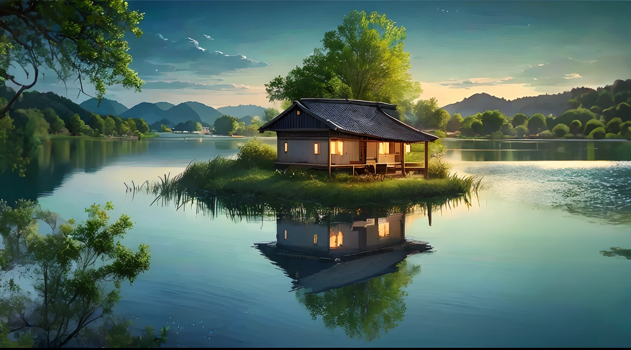 there is a small house on a small island in the middle of a lake, beautifully lit landscape, peaceful landscape, serene landscape, beautiful serene landscape, amazing landscape, in a serene landscape, an amazing landscape image, dreamy landscape, beautiful lake, beautiful landscape, stunning landscape, setting in nature, beautiful lake background, perfect landscape, stunning light reflections, beautiful dreamy landscape